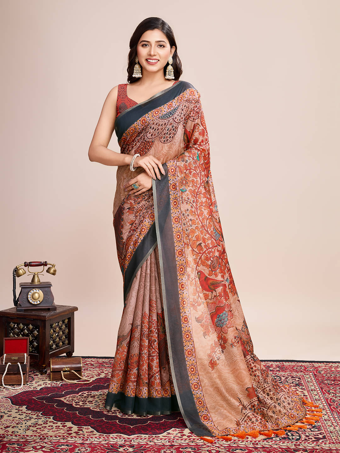     			Varni Fabrics Linen Printed Regular Saree With Unstitched Blouse Piece ( Orange )