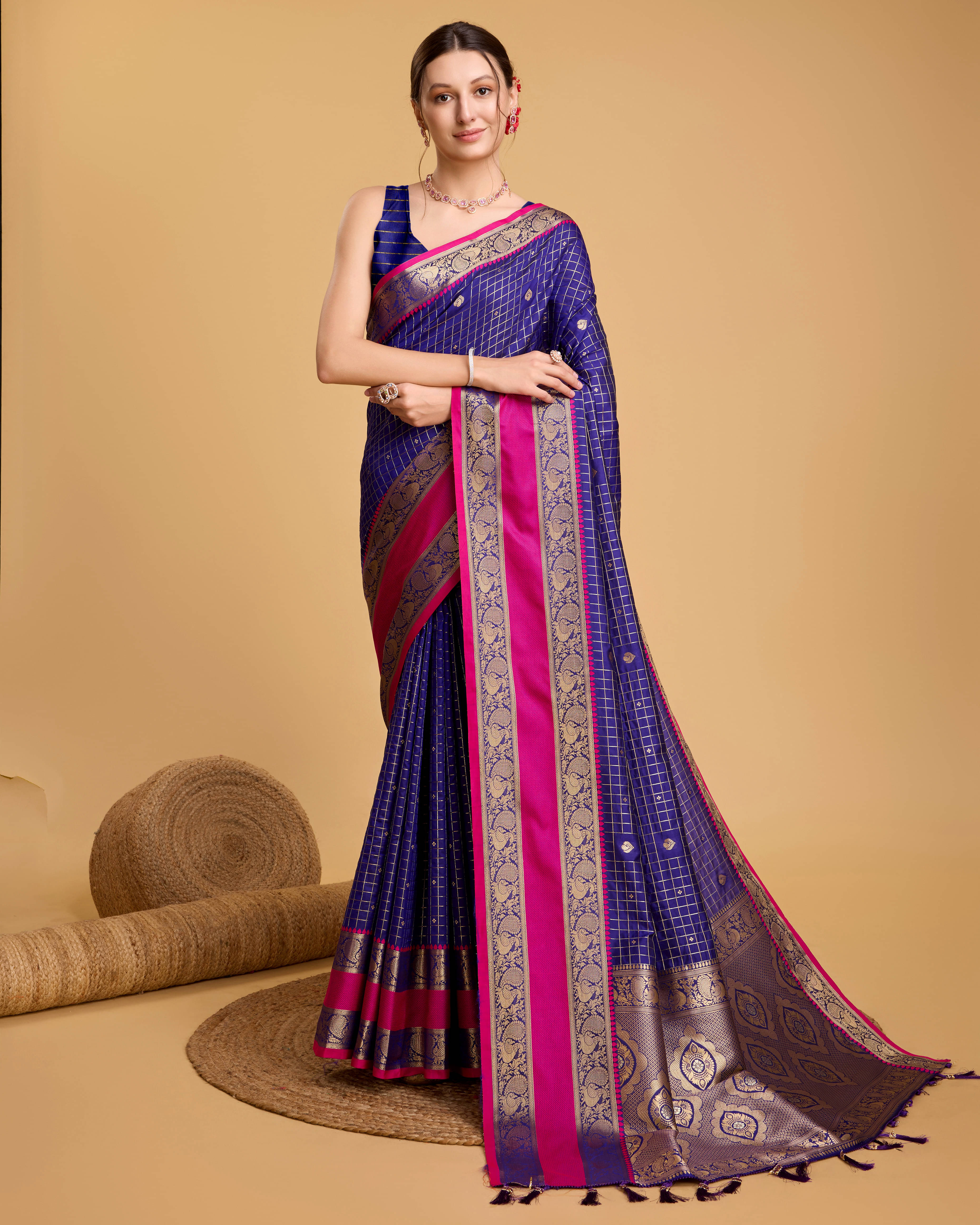     			Varni Fabrics Silk Printed Banarasi saree With Unstitched Blouse Piece ( Purple )