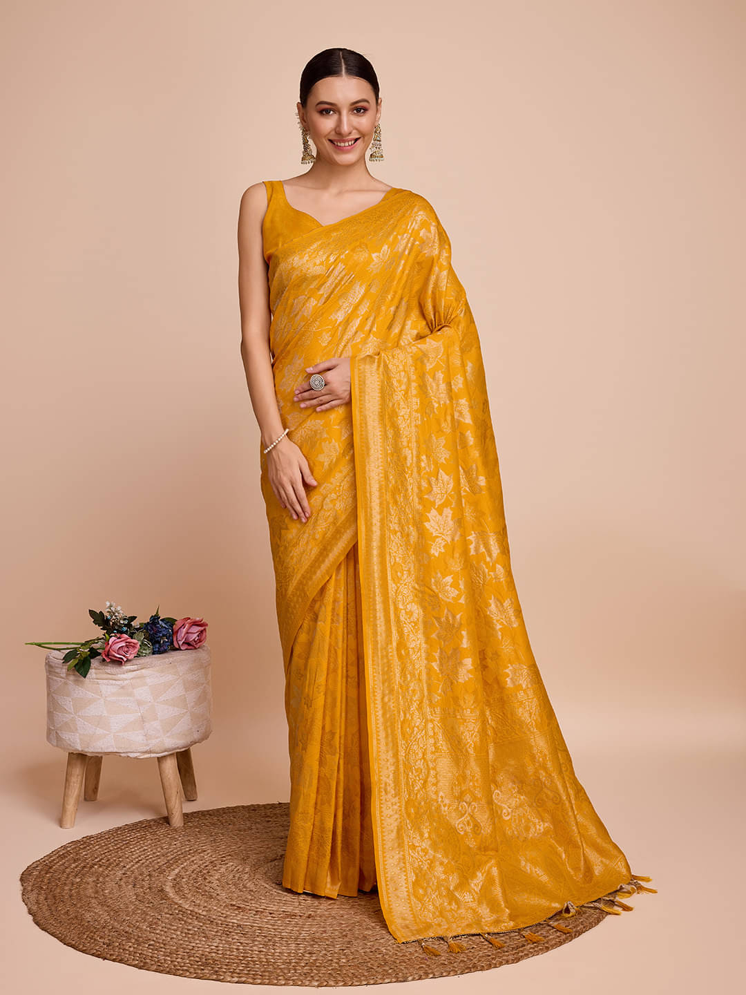 Varni Fabrics Silk blend Printed Banarasi saree With Unstitched Blouse Piece ( Yellow ) Varni Fabrics Silk blend Printed Banarasi saree With Unstitched Blouse Piece ( Yellow )