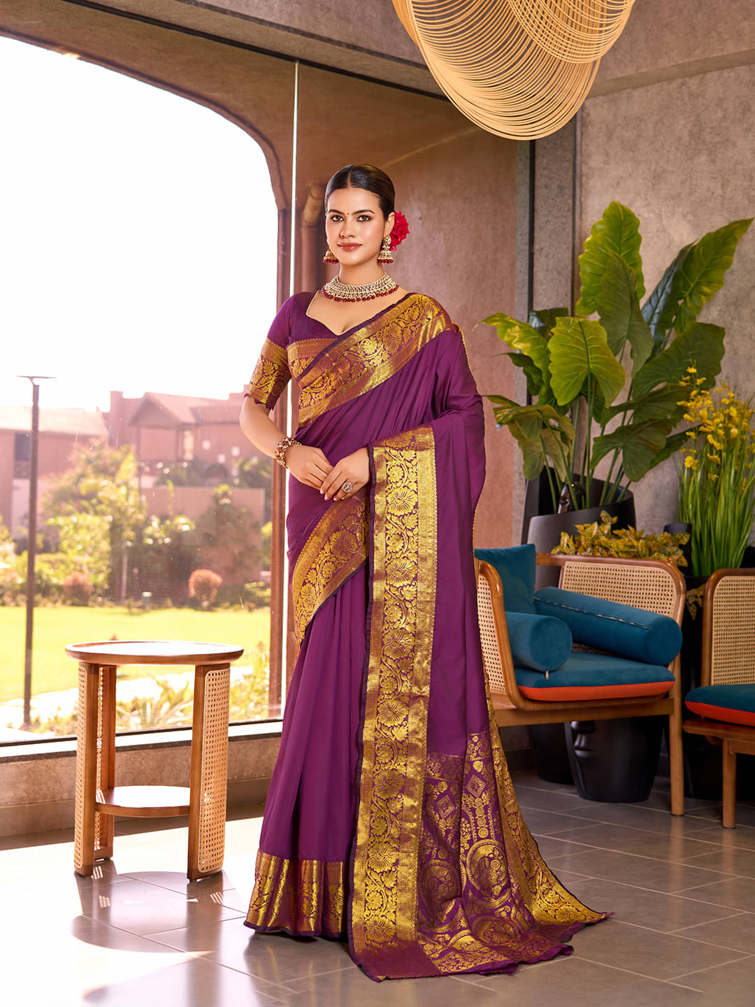 Varni Fabrics Silk blend Printed Kota Doria Saree With Unstitched Blouse Piece ( Purple ) Varni Fabrics Silk blend Printed Kota Doria Saree With Unstitched Blouse Piece ( Purple )