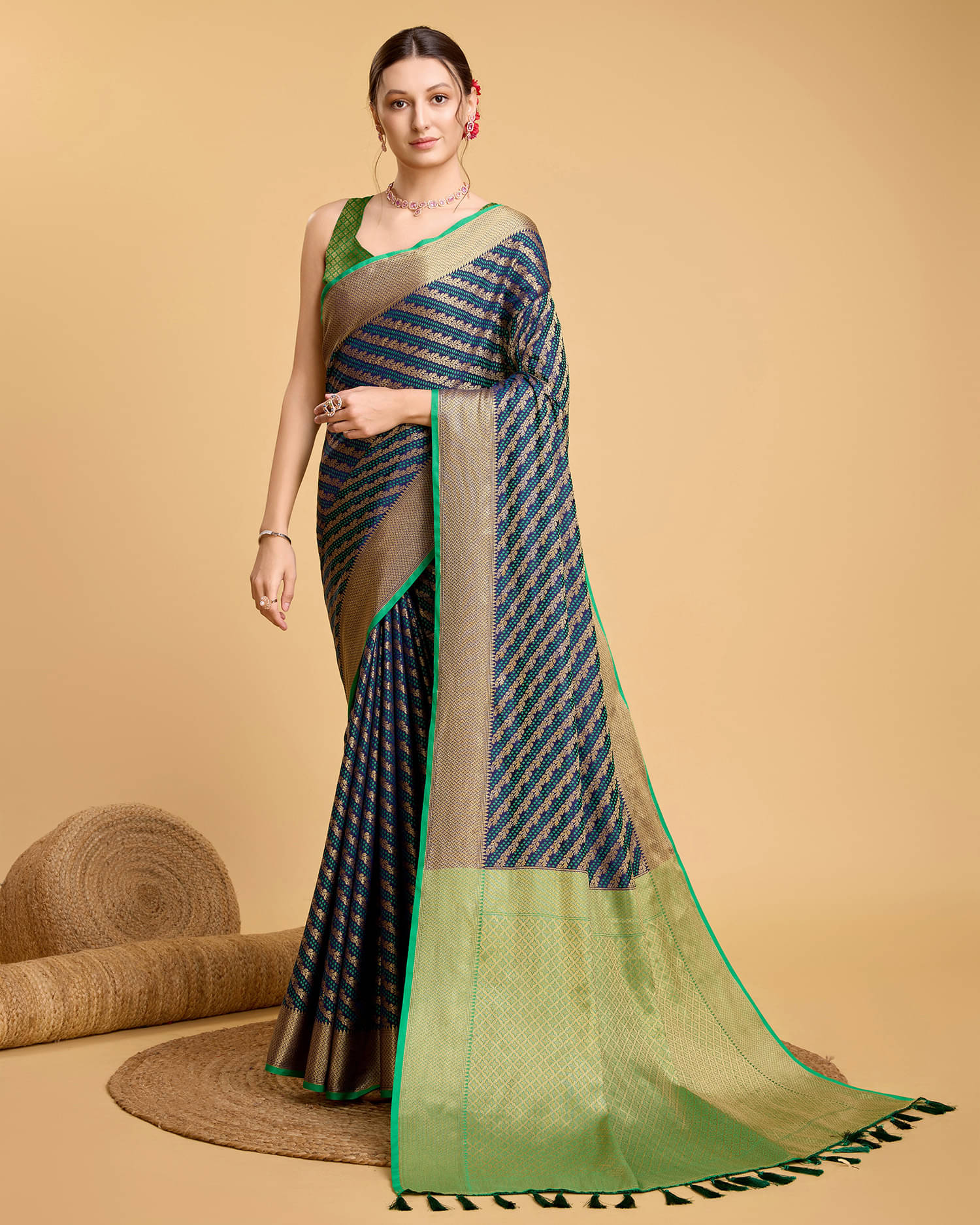Varni Fabrics Silk blend Printed Kota Doria Saree With Unstitched Blouse Piece ( Navy Blue ) Varni Fabrics Silk blend Printed Kota Doria Saree With Unstitched Blouse Piece ( Navy Blue )
