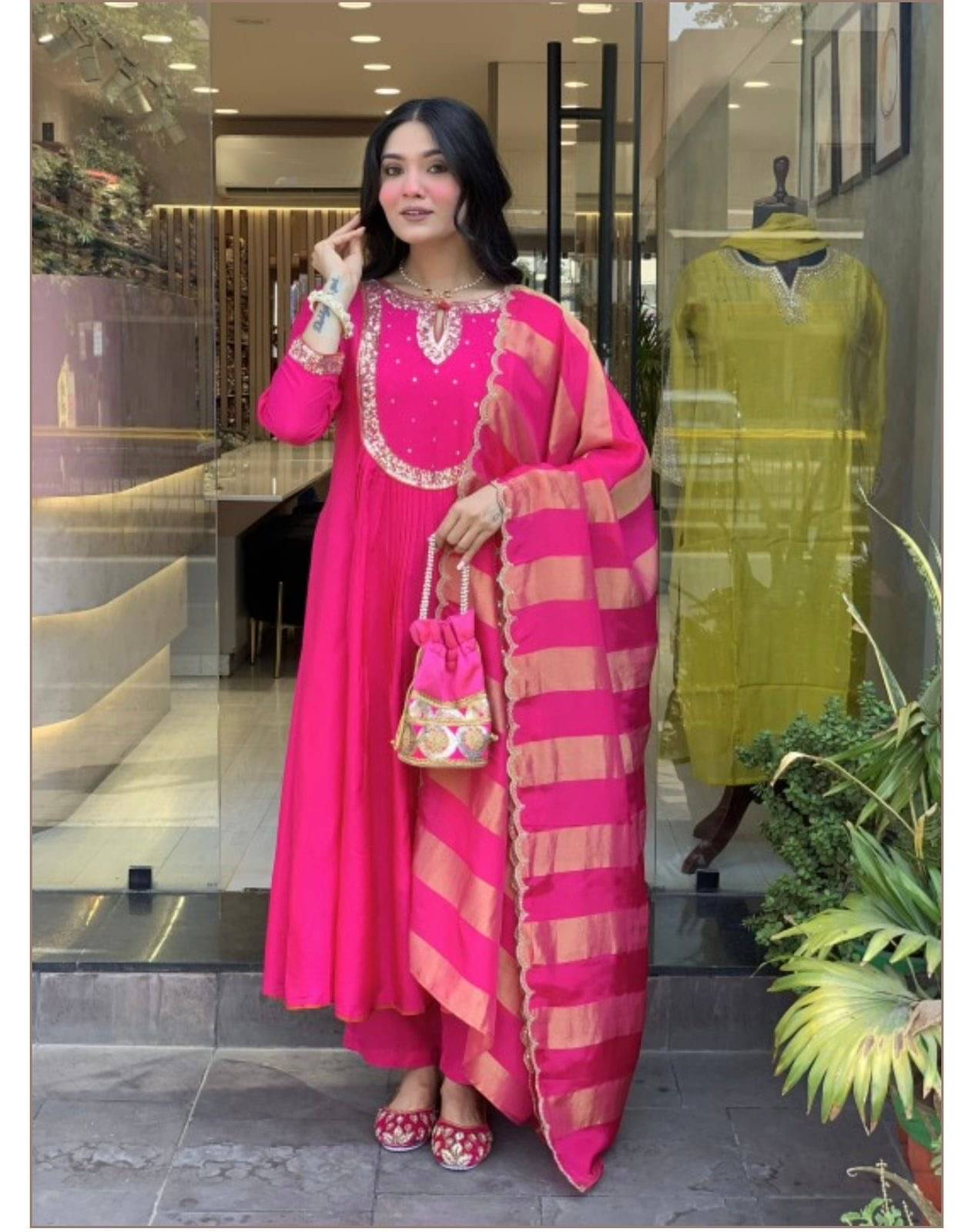     			fvd Women Silk Blend Embroidered A-line Kurti With Pants ( Pink )