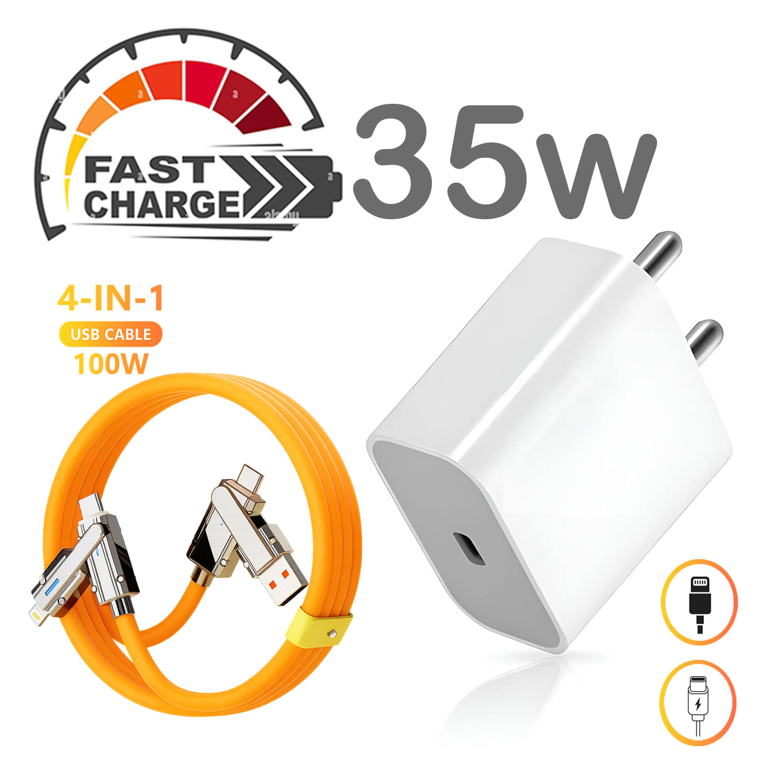 35W Fast Type-C Charger with 2-in-1 Charging Cable | Supports Type-C & Lightning Devices | Compact Travel Adapter with Smart Protection | Quick Charge 35W Fast Type-C Charger with 2-in-1 Charging Cable | Supports Type-C & Lightning Devices | Compact Travel Adapter with Smart Protection | Quick Charge