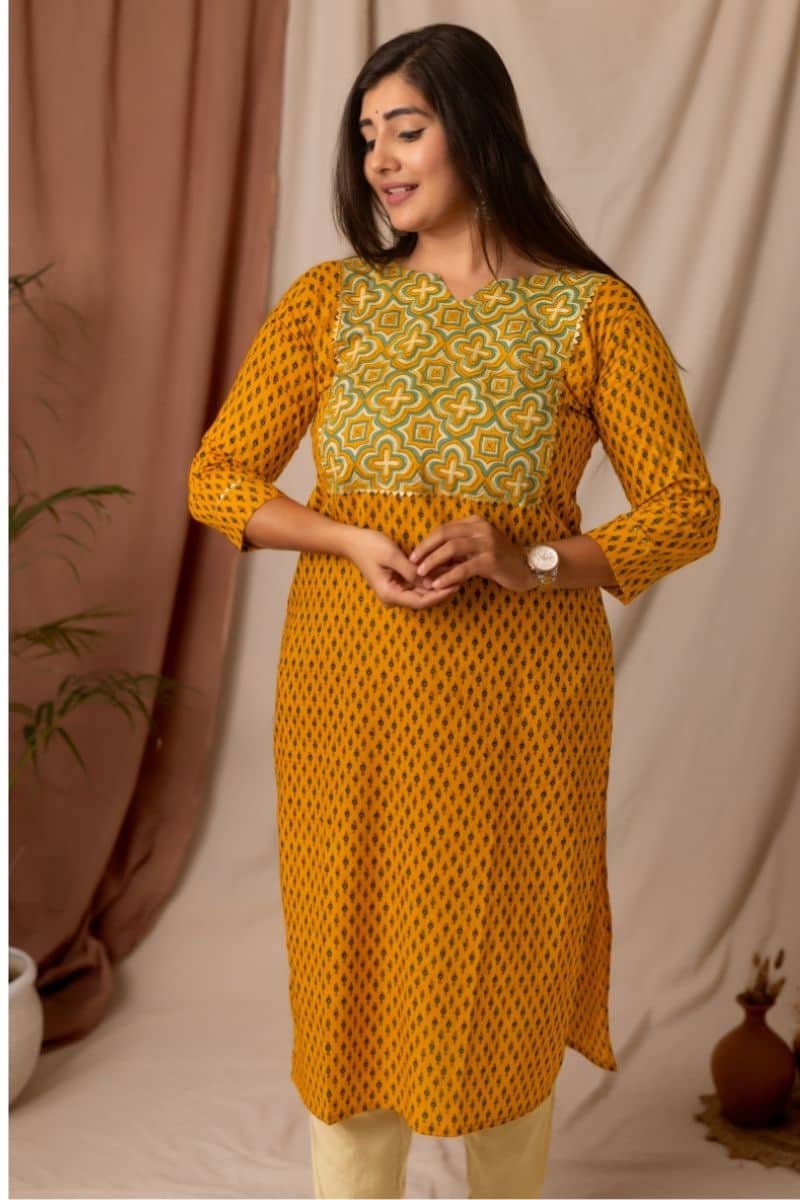 AMTHI Women Cotton Self Design A-line Kurti ( Mustard ) - Kurtis, Tunics | Buy online on ZillyBuy