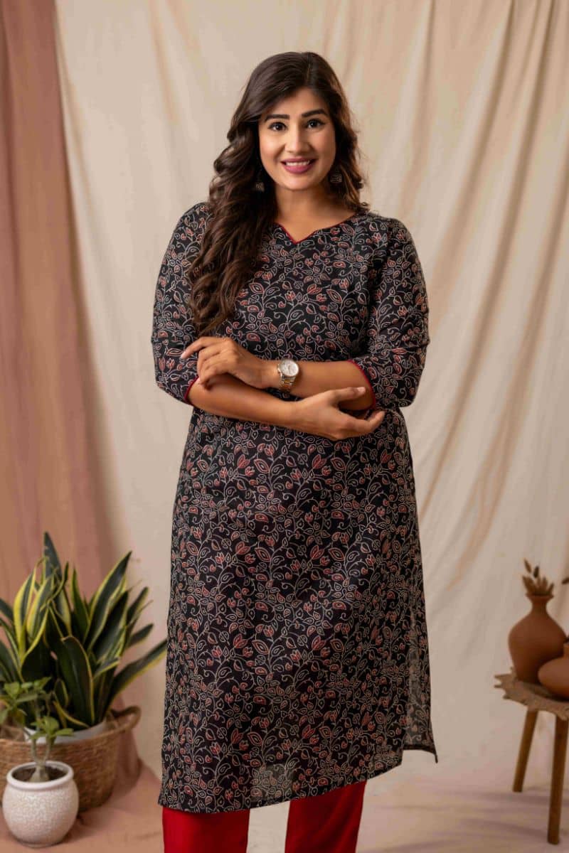 AMTHI Women Cotton Self Design A-line Kurti ( Black ) - Kurtis, Tunics | Buy online on ZillyBuy