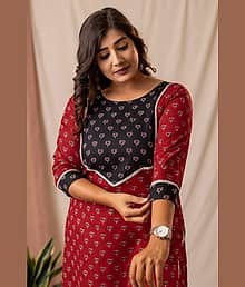AMTHI Women Cotton Self Design A-line Kurti ( Red )