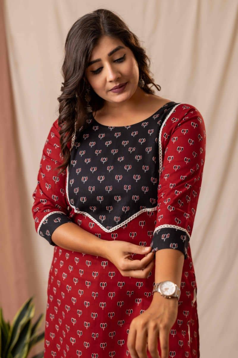 AMTHI Women Cotton Self Design A-line Kurti ( Red ) - Kurtis, Tunics | Buy online on ZillyBuy