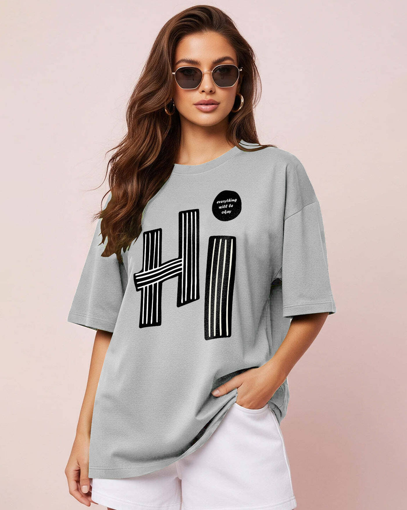     			AOOSH Women Cotton Blend Printed Oversized Fit Round Neck T-Shirt ( Grey )