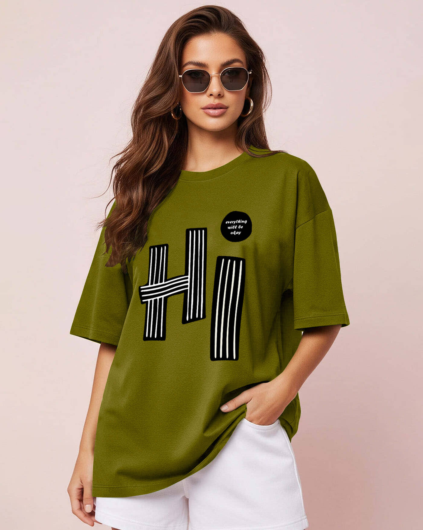 AUSK Women Cotton Blend Printed Oversized Fit Round Neck T-Shirt ( Green )
