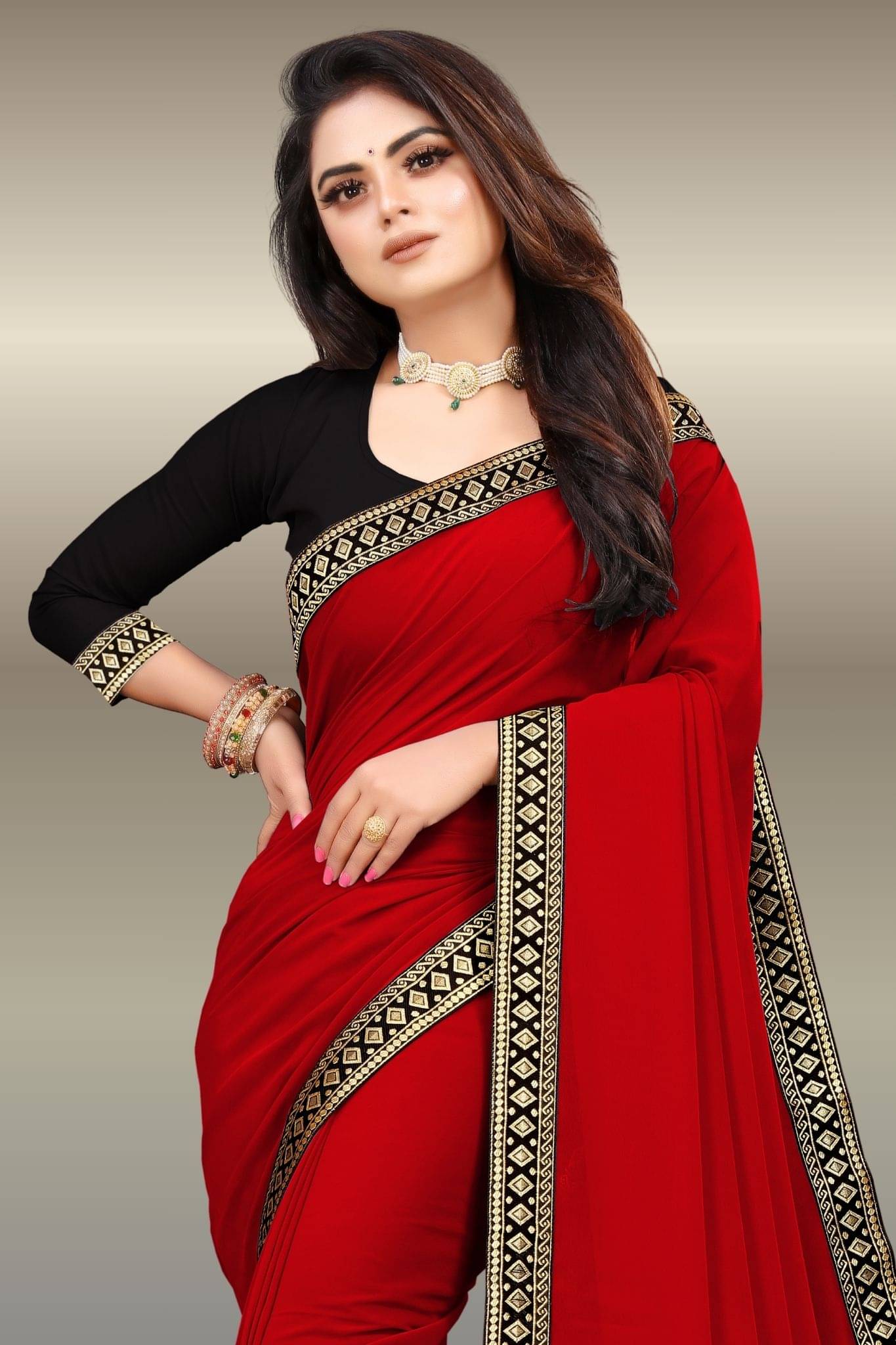     			Aai Shree Khodiyar Georgette Self Design Patola Saree With Unstitched Blouse Piece ( Red )