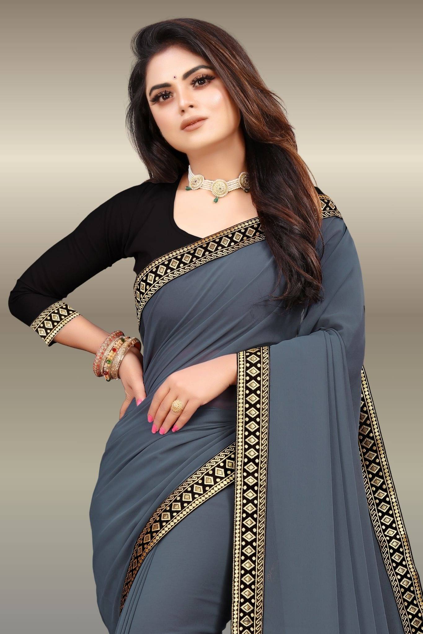 Aai Shree Khodiyar Georgette Self Design Patola Saree With Unstitched Blouse Piece ( Grey ) Aai Shree Khodiyar Georgette Self Design Patola Saree With Unstitched Blouse Piece ( Grey )