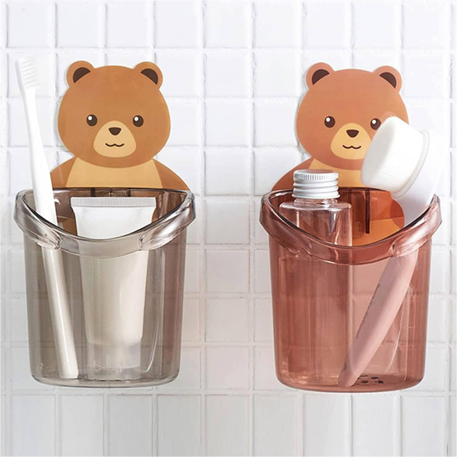     			Hatch Cart Cute Teddy Bear Toothbrush Holder, Wall Mounted Self Adhesive Plastic Brush Holder, for Kids Bathroom Decor, Tooth Brush Stand Storage Toothbrush, (Brown, Pack of 2)
