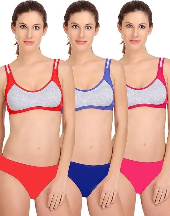 Ishant Cotton Non Padded Bra & Panty Set ( Blue,Peach,Red , Pack of 3 )