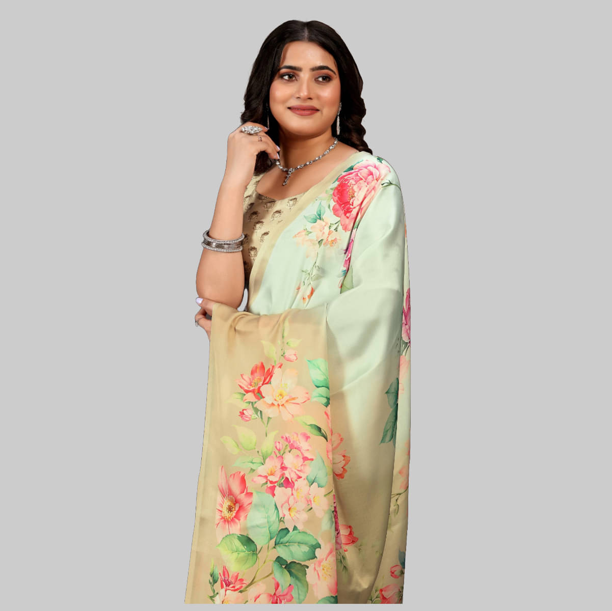     			JVASTRAMODA Satin Printed Regular Saree With Unstitched Blouse Piece ( Light Green )
