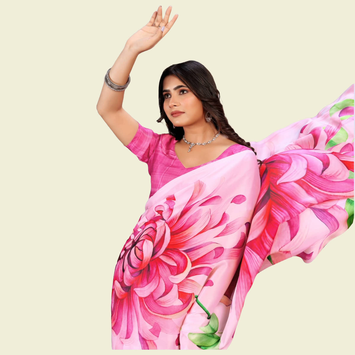 JVASTRAMODA Satin Printed Regular Saree With Unstitched Blouse Piece ( Pink ) JVASTRAMODA Satin Printed Regular Saree With Unstitched Blouse Piece ( Pink )