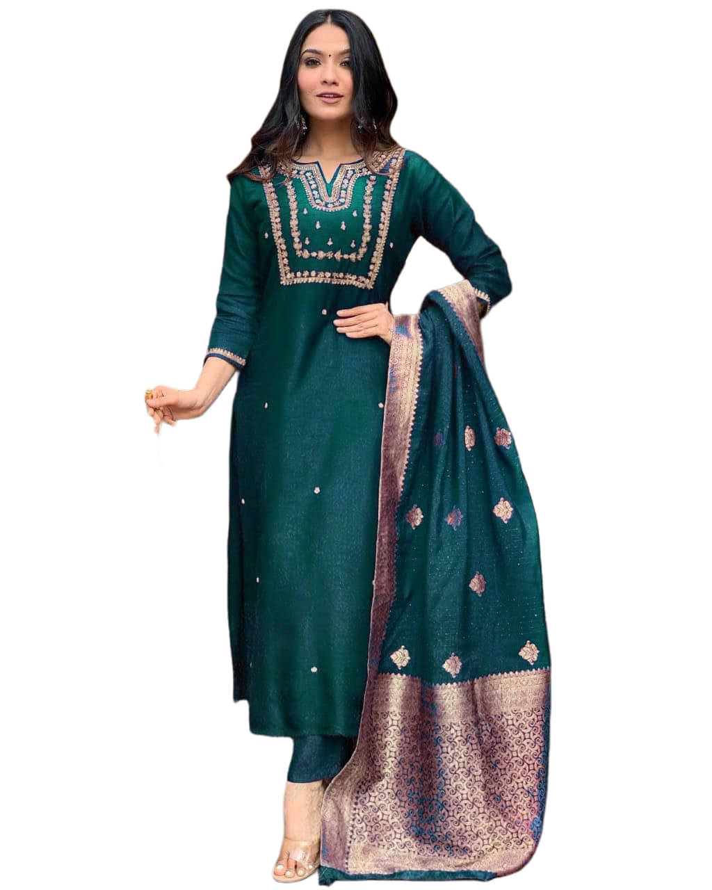     			Maa Enterprise Women Silk Blend Embroidered A-line Kurti With Pants ( Green )