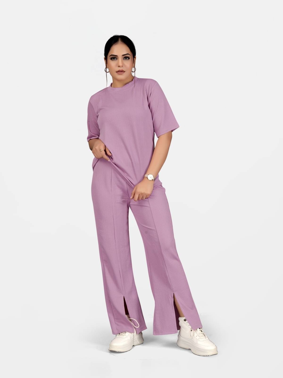     			Niffar Fashion Women Solid T-Shirt With Trousers Co-Ord Set ( Pink )