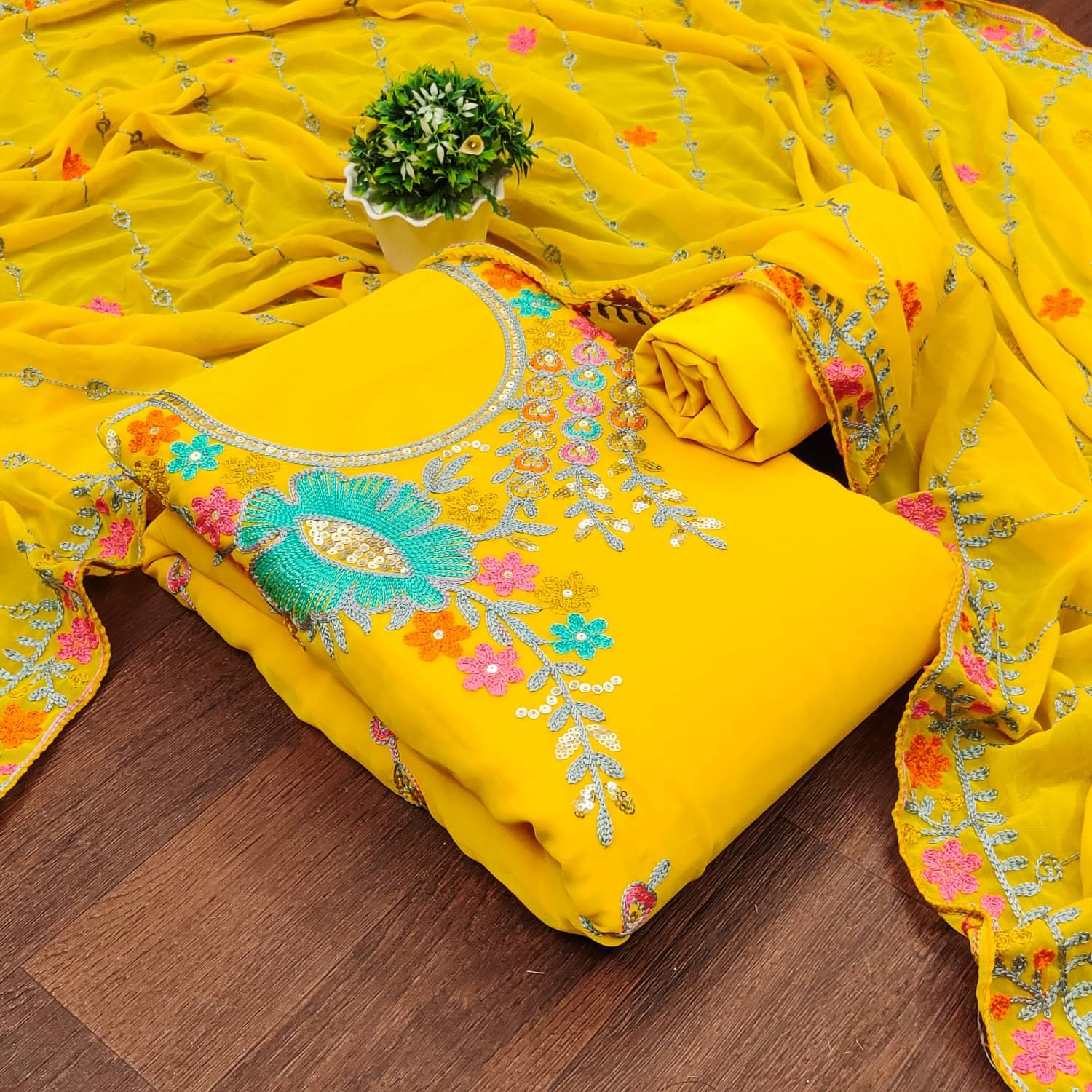 Panbai sarees Women Georgette Unstitched Dress Material ( Yellow )     			Panbai sarees Women Georgette Unstitched Dress Material ( Yellow )