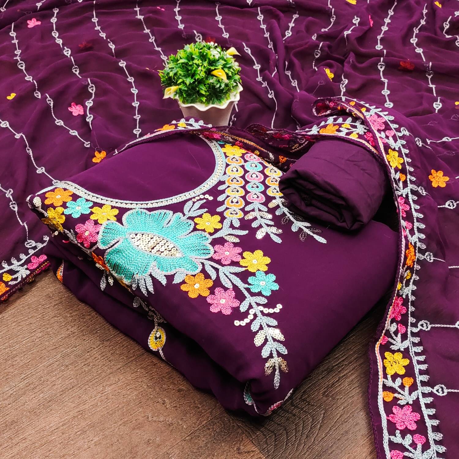 Panbai sarees Women Georgette Unstitched Dress Material ( Purple ) Panbai sarees Women Georgette Unstitched Dress Material ( Purple )