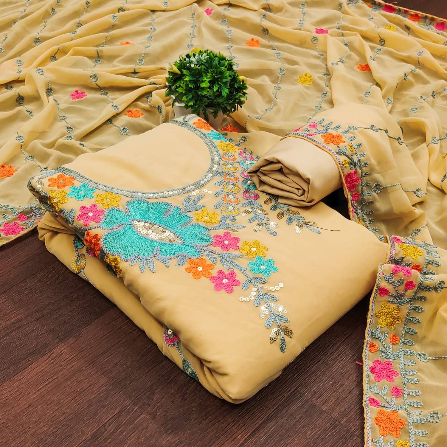     			Panbai sarees Women Georgette Unstitched Dress Material ( Beige )