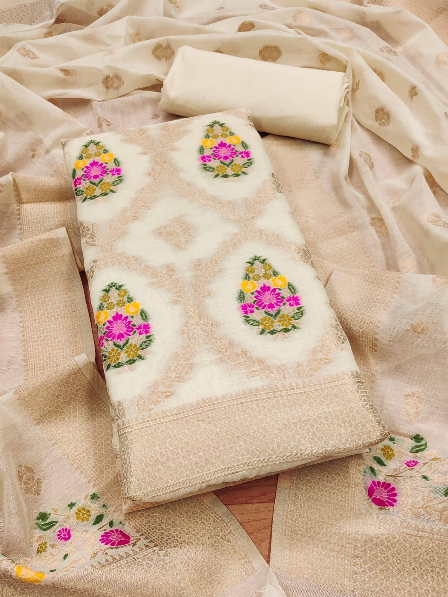 Panbai sarees Women Silk Unstitched Dress Material ( White ) Panbai sarees Women Silk Unstitched Dress Material ( White )