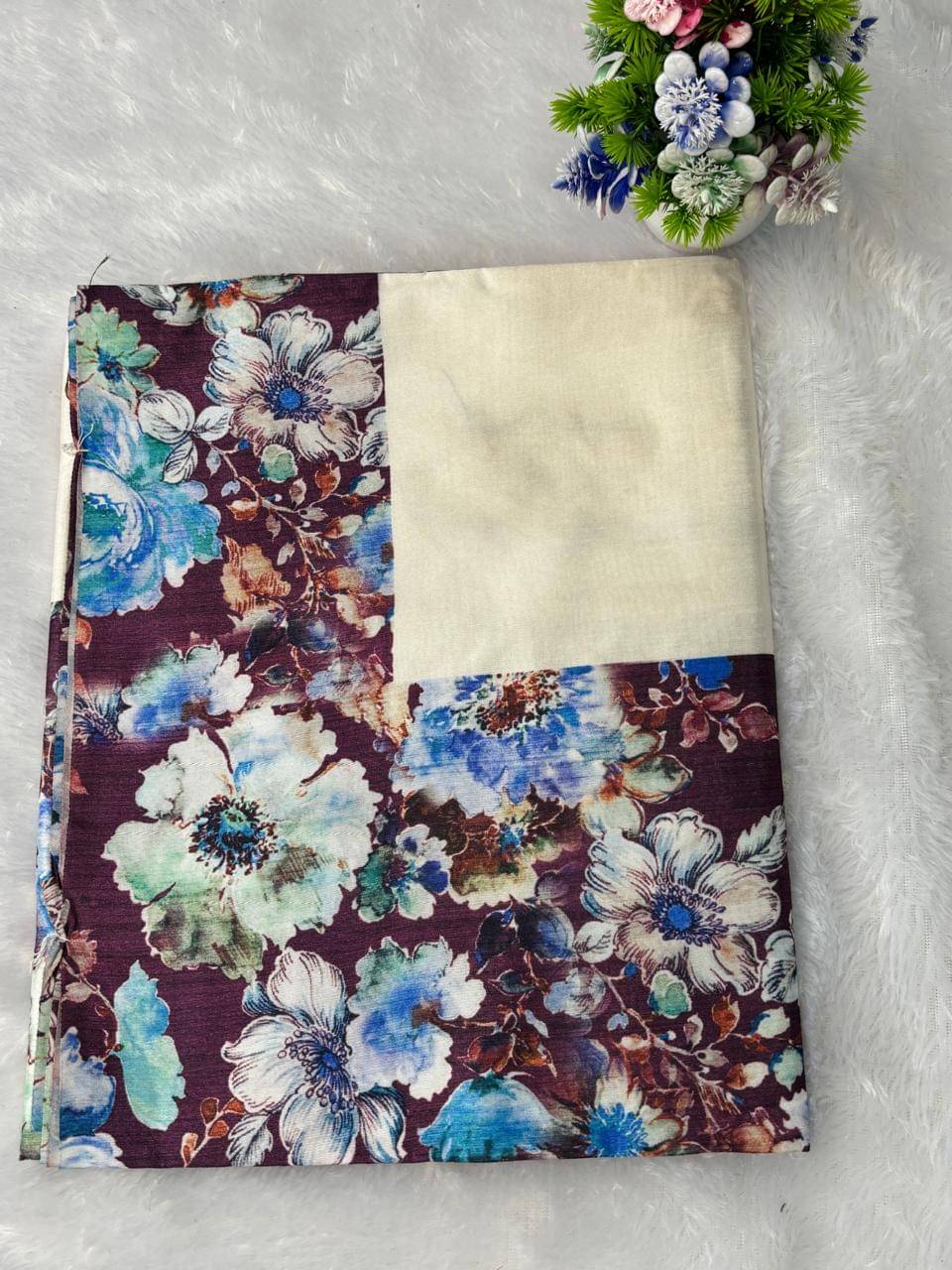     			Sitanjali Linen Printed Bhagalpuri Saree With Unstitched Blouse Piece ( Wine )