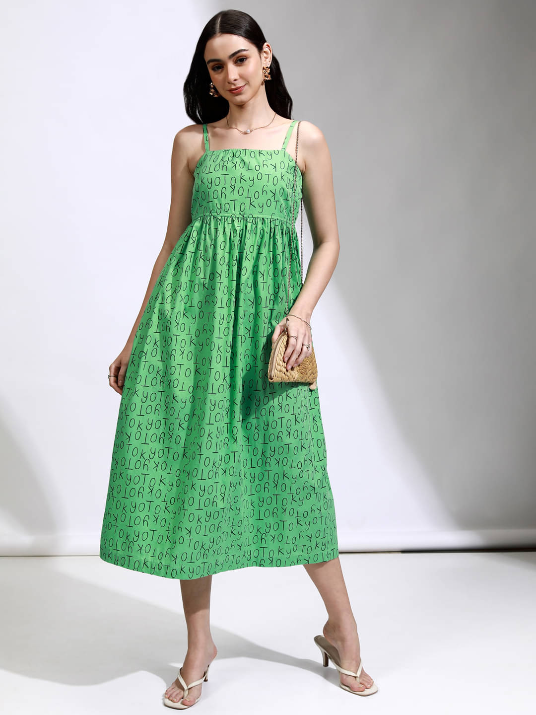     			Tokyo Talkies Women Cotton Printed Fit & Flare Dress ( Green )