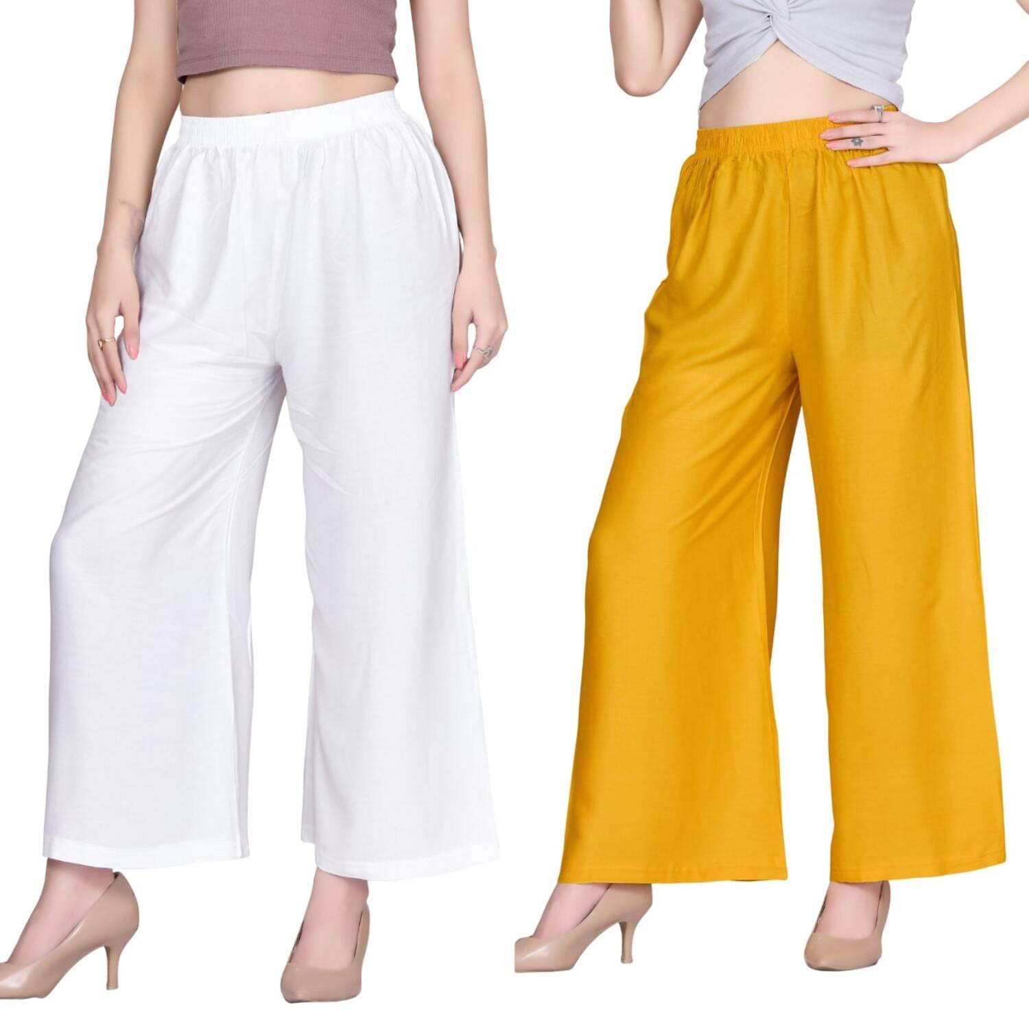 Tritara Women Rayon Solid Palazzos ( White,Mustard ) Tritara Women Rayon Solid Palazzos ( White,Mustard )