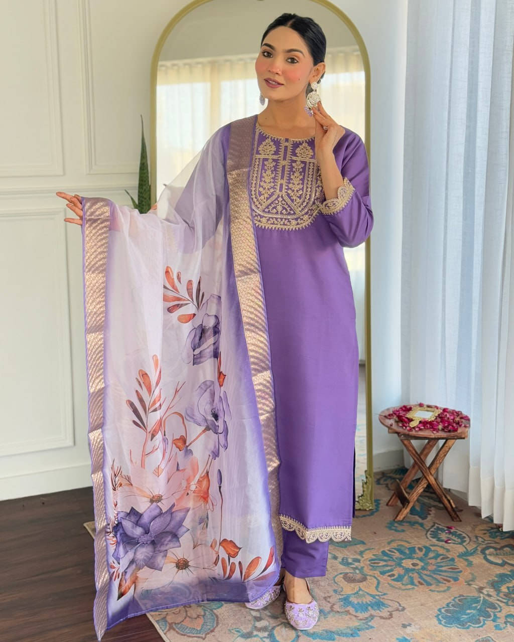     			VASTRANARI Women Viscose Embroidered Straight Kurti With Pants ( Purple )