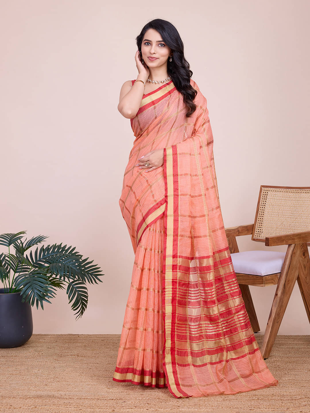 Varni Fabrics Art Silk Checks Regular Saree With Unstitched Blouse Piece ( Peach )     			Varni Fabrics Art Silk Checks Regular Saree With Unstitched Blouse Piece ( Peach )