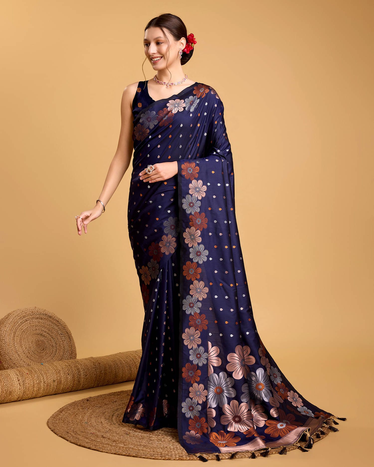 Varni Fabrics Art Silk Printed Banarasi saree With Unstitched Blouse Piece ( Navy Blue ) Varni Fabrics Art Silk Printed Banarasi saree With Unstitched Blouse Piece ( Navy Blue )