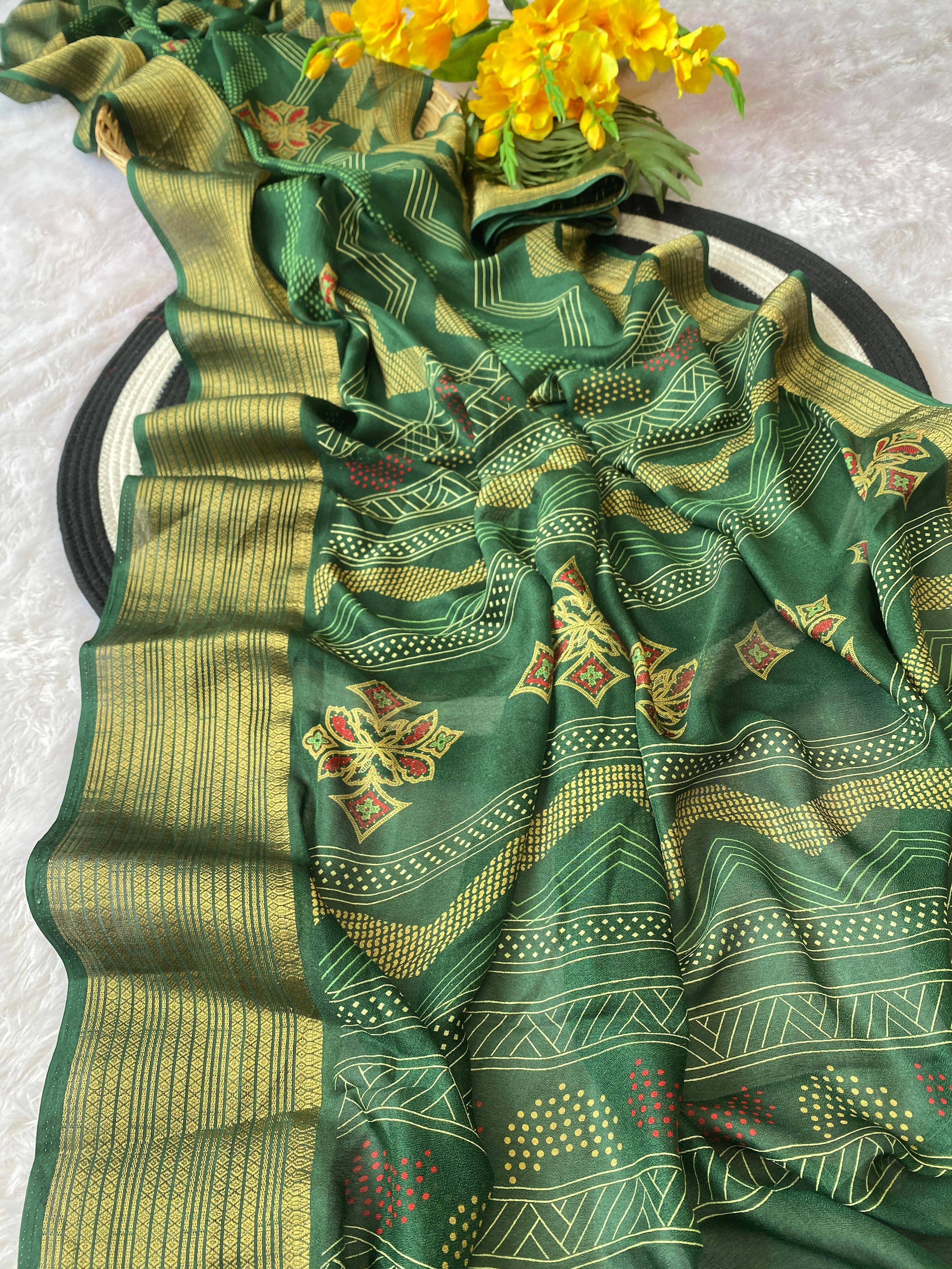     			Varni Fabrics Art Silk Woven Bandhani Sarees With Unstitched Blouse Piece ( Green )