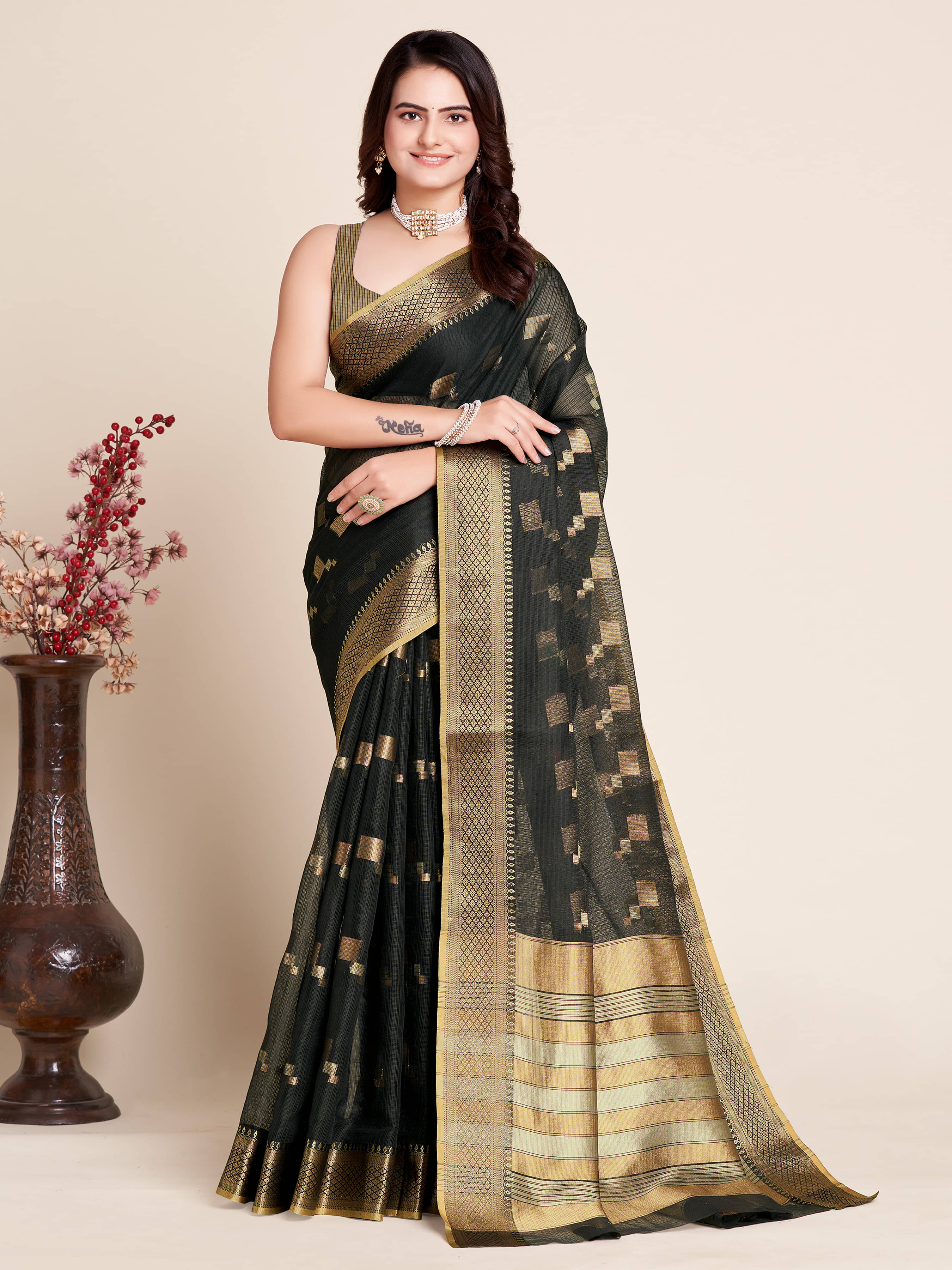 Varni Fabrics Cotton Blend Solid Banarasi saree With Unstitched Blouse Piece ( Black ) Varni Fabrics Cotton Blend Solid Banarasi saree With Unstitched Blouse Piece ( Black )
