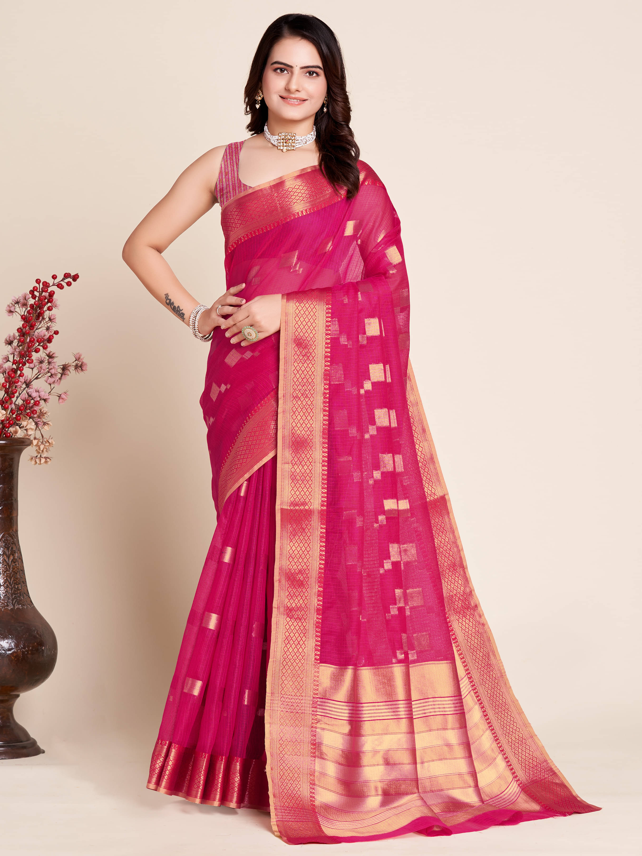 Varni Fabrics Cotton Blend Woven Banarasi saree With Unstitched Blouse Piece ( Pink )     			Varni Fabrics Cotton Blend Woven Banarasi saree With Unstitched Blouse Piece ( Pink )
