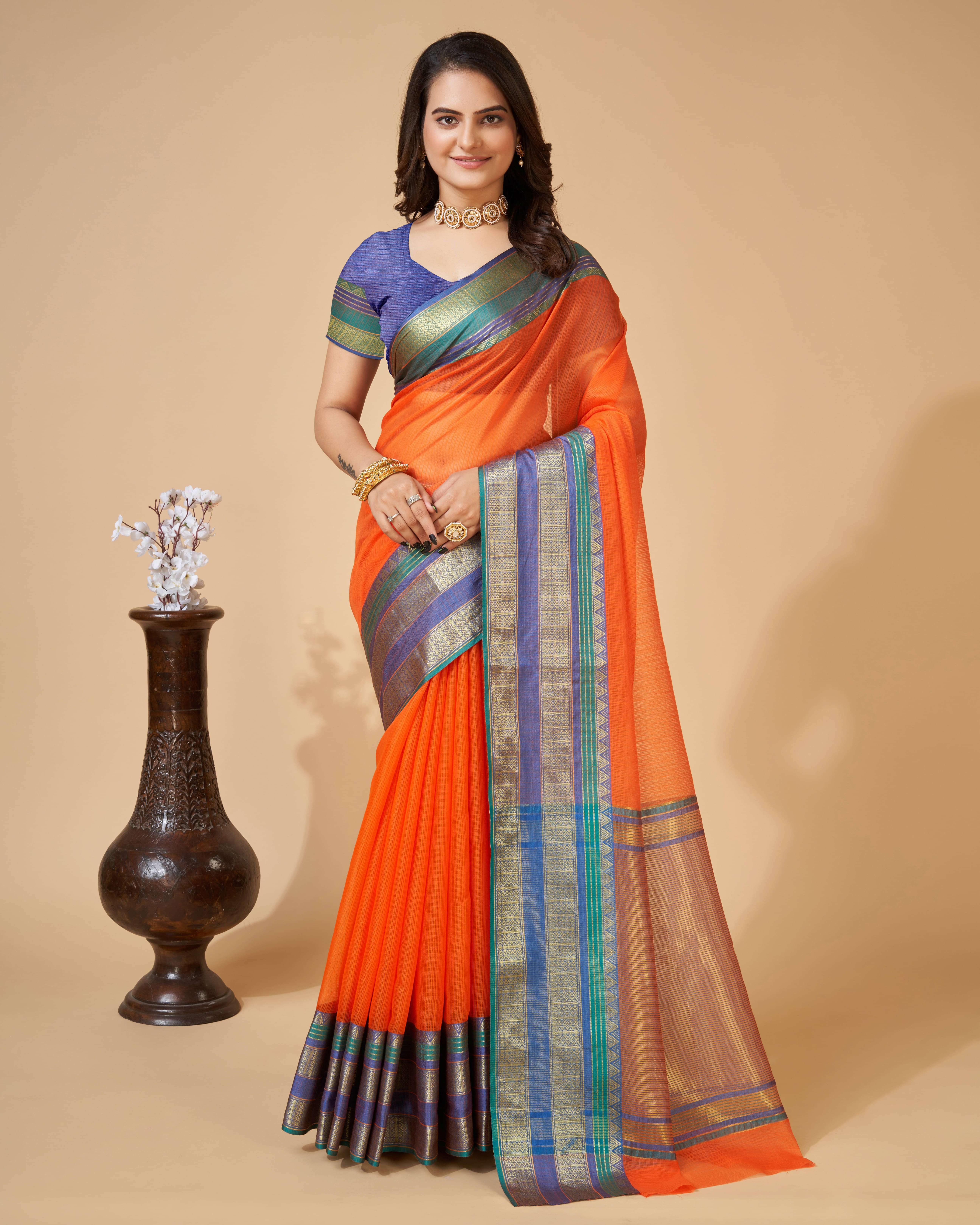 Varni Fabrics Cotton Blend Woven Kota Doria Saree With Unstitched Blouse Piece ( Orange )     			Varni Fabrics Cotton Blend Woven Kota Doria Saree With Unstitched Blouse Piece ( Orange )