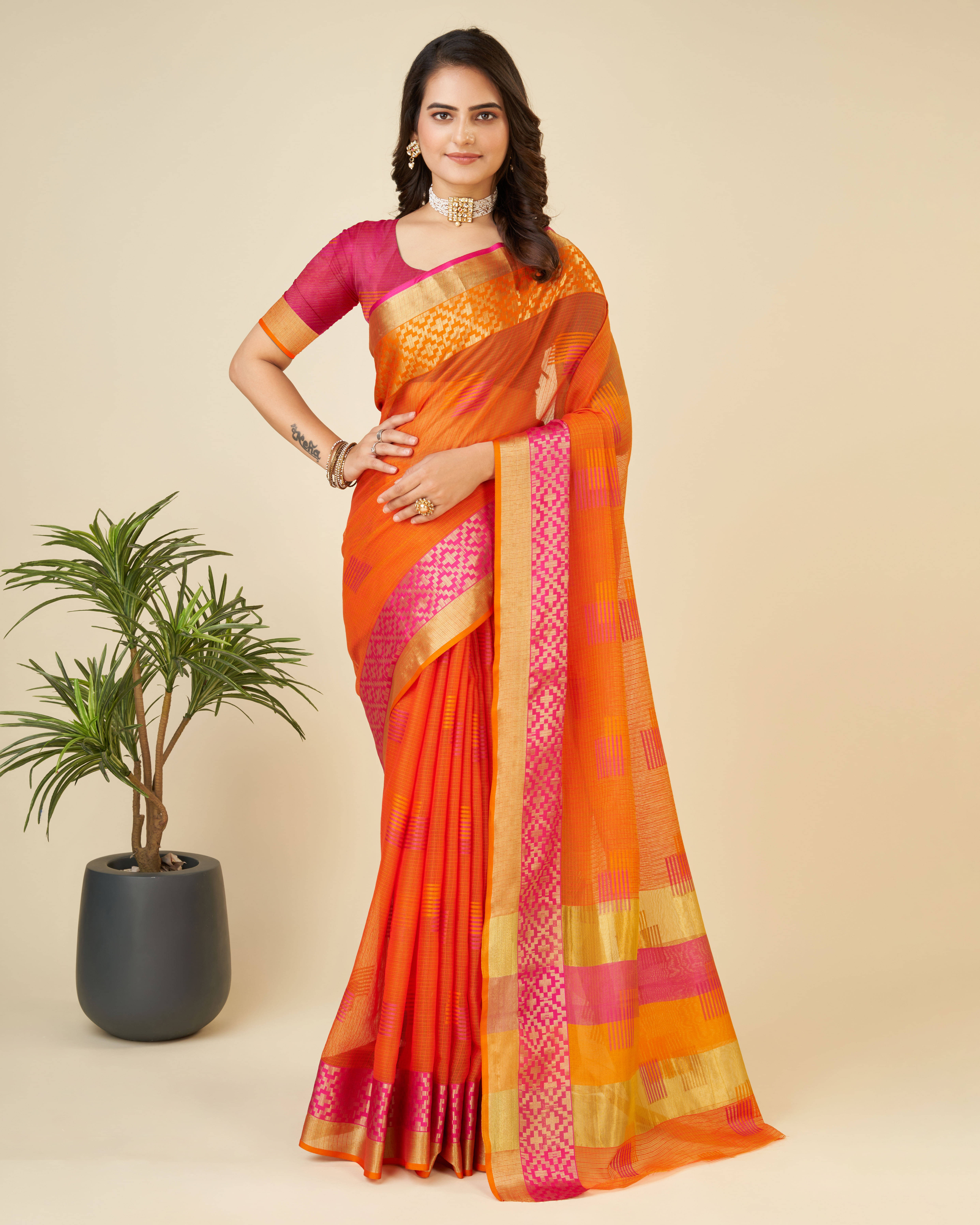     			Varni Fabrics Cotton Blend Woven Kota Doria Saree With Unstitched Blouse Piece ( Orange )