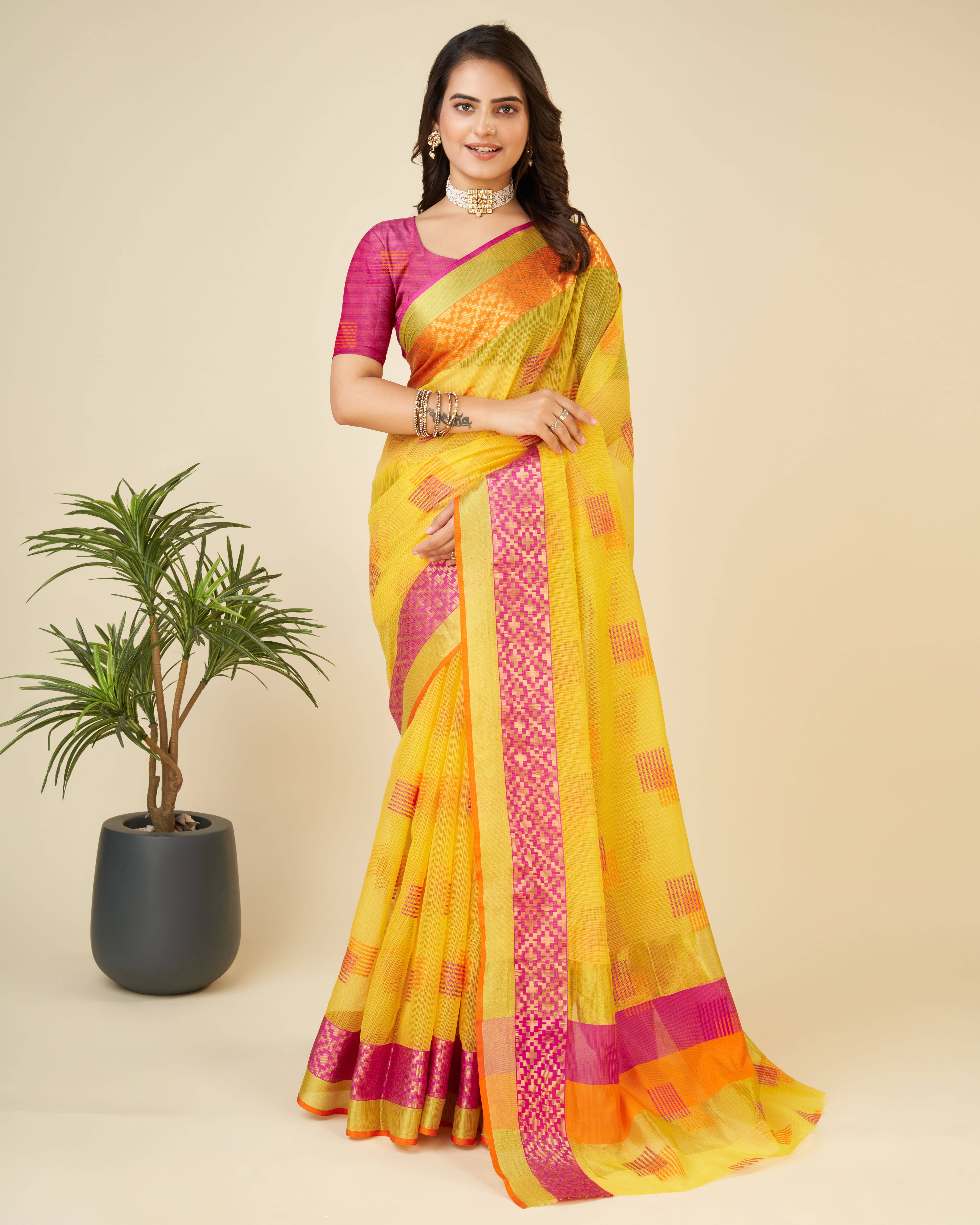     			Varni Fabrics Cotton Blend Woven Kota Doria Saree With Unstitched Blouse Piece ( Yellow )