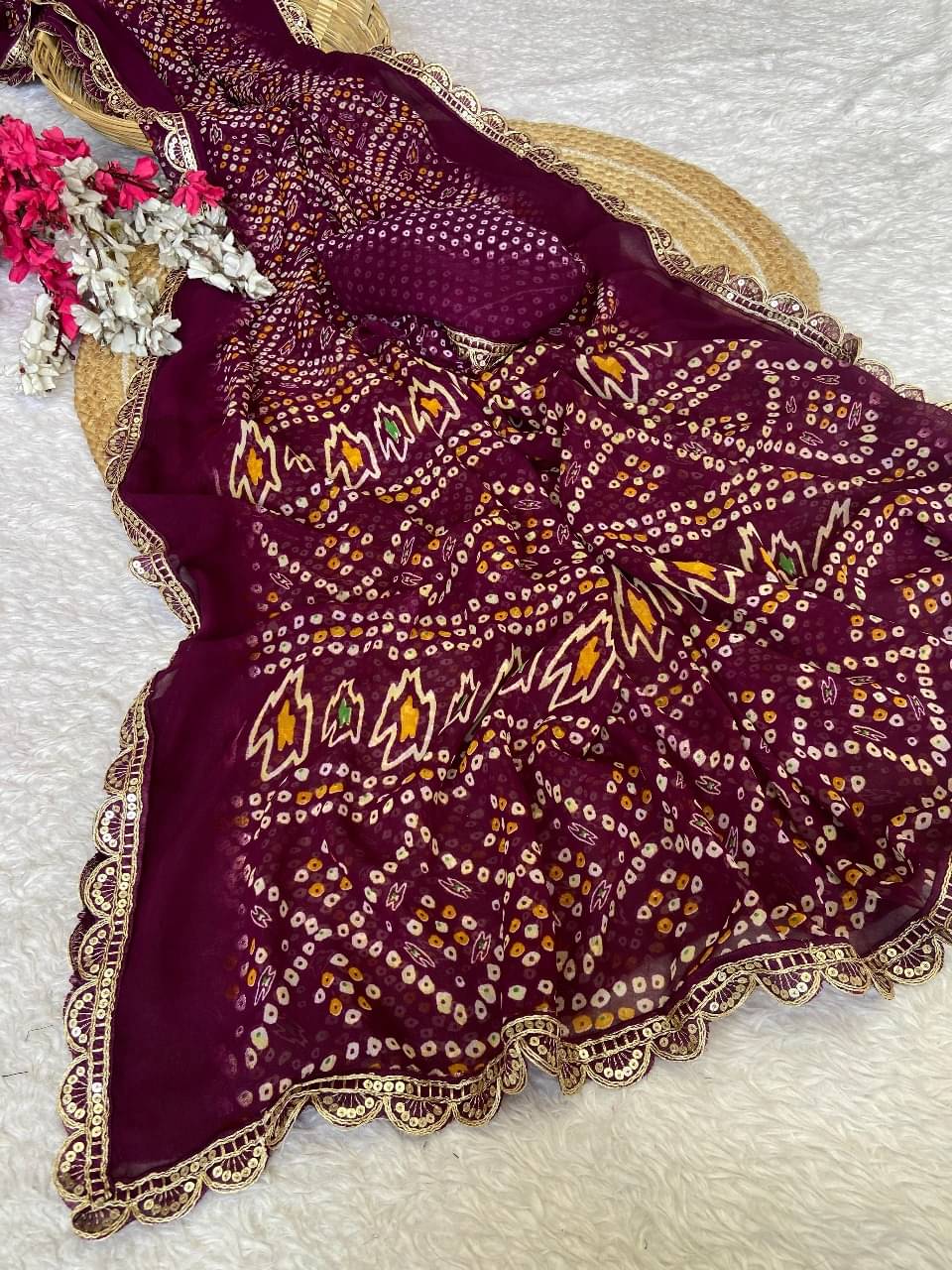     			Varni Fabrics Georgette Printed Bandhani Sarees With Unstitched Blouse Piece ( Maroon )