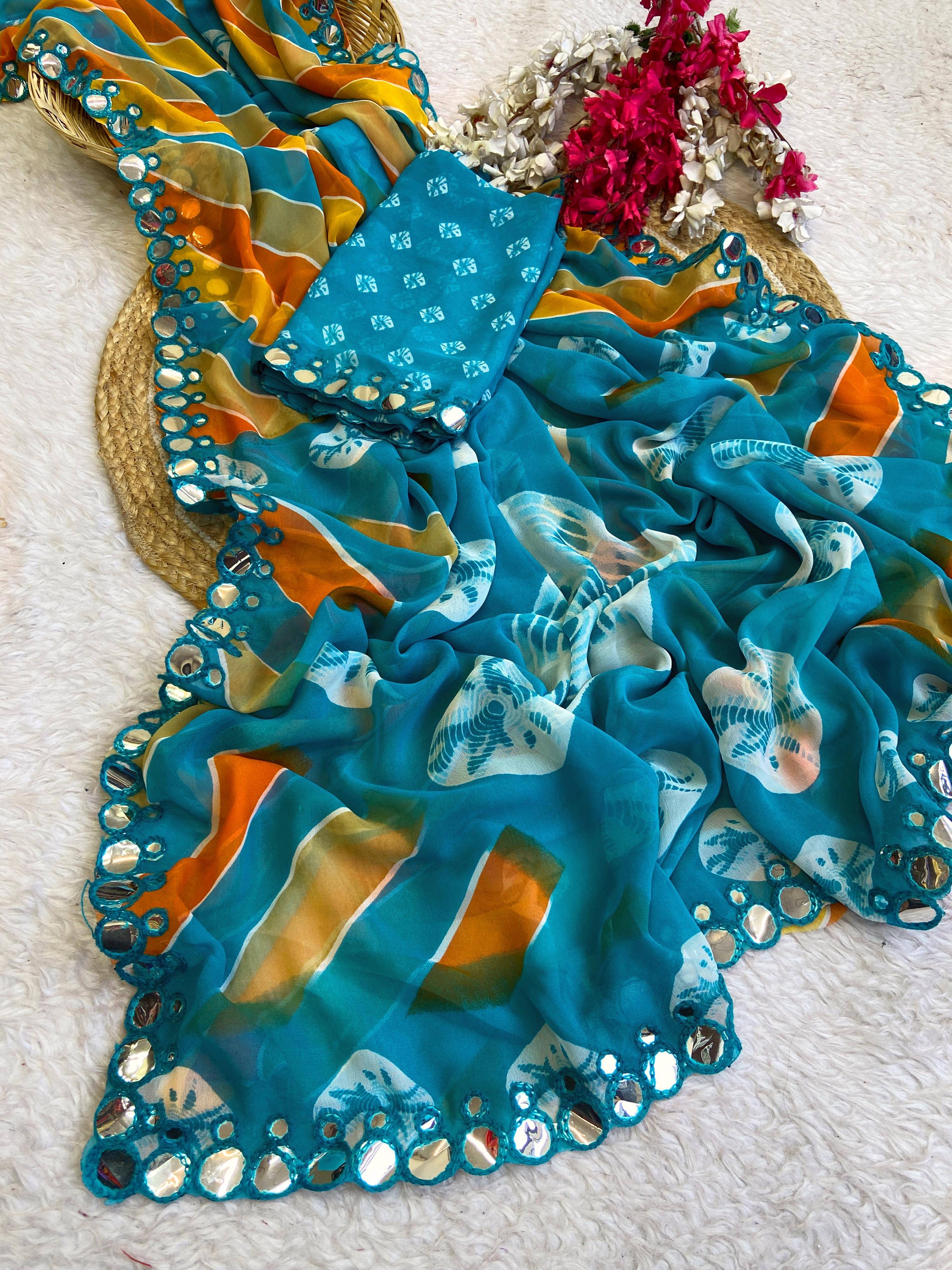     			Varni Fabrics Georgette Printed Bandhani Sarees With Unstitched Blouse Piece ( Teal )