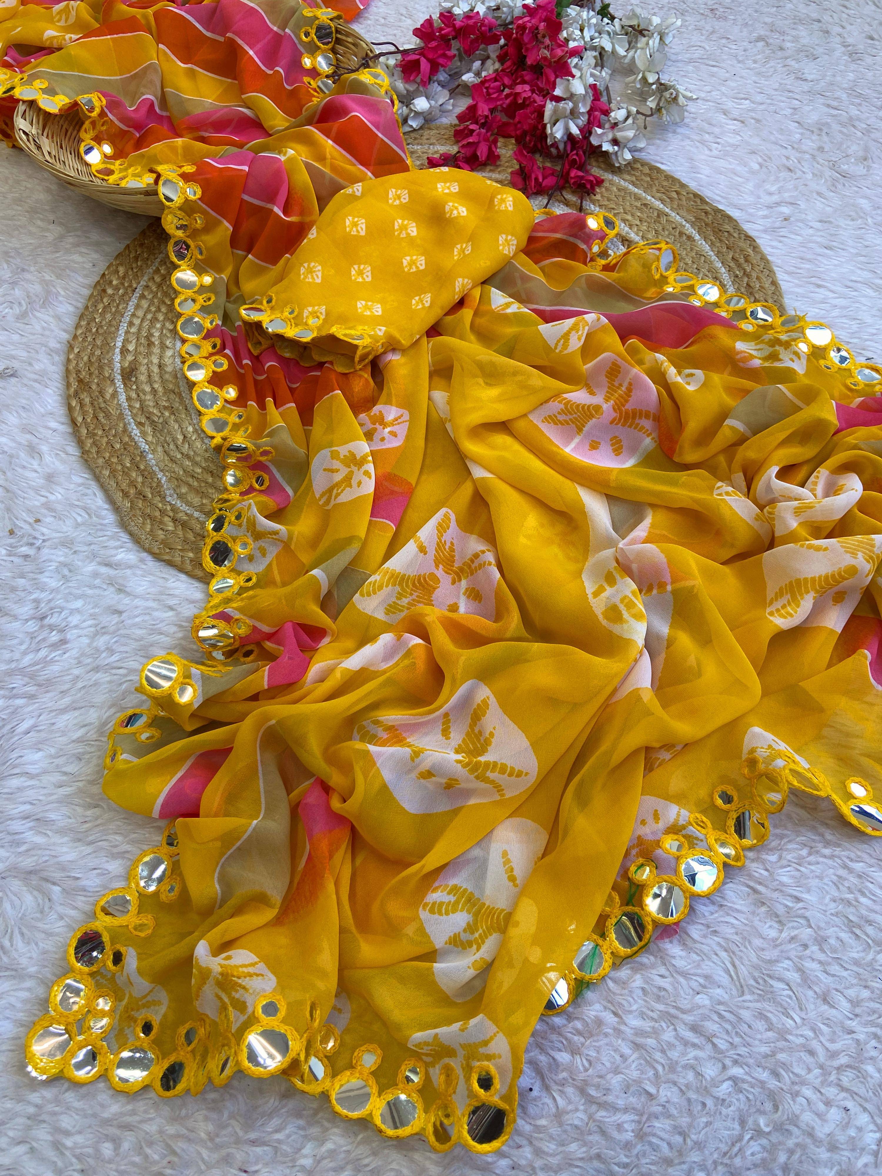 Varni Fabrics Georgette Printed Bandhani Sarees With Unstitched Blouse Piece ( Yellow ) Varni Fabrics Georgette Printed Bandhani Sarees With Unstitched Blouse Piece ( Yellow )