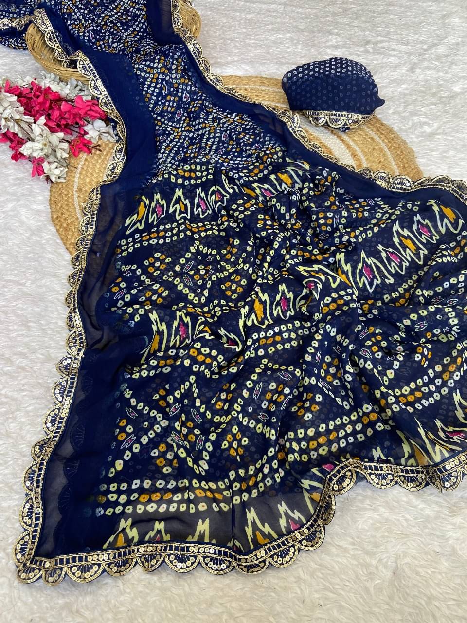 Varni Fabrics Georgette Printed Bandhani Sarees With Unstitched Blouse Piece ( Navy Blue ) Varni Fabrics Georgette Printed Bandhani Sarees With Unstitched Blouse Piece ( Navy Blue )