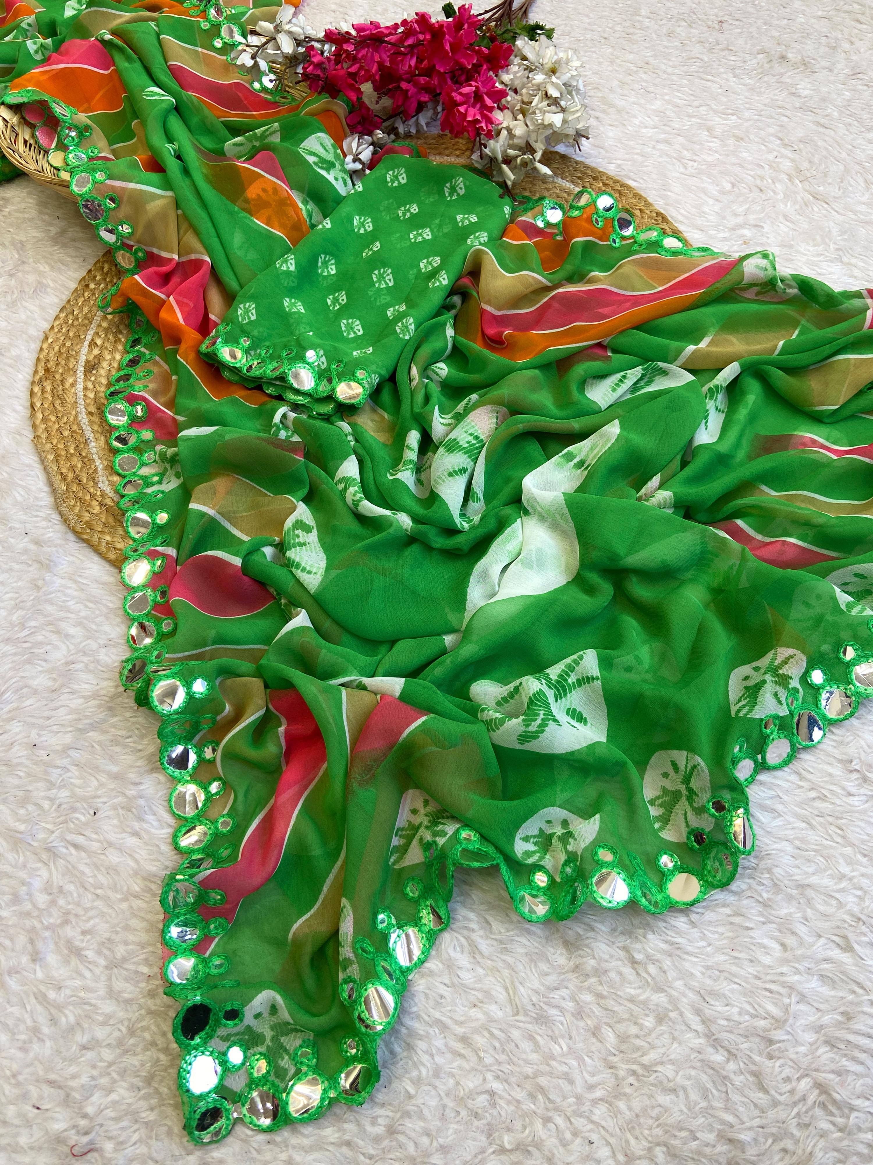     			Varni Fabrics Georgette Printed Bandhani Sarees With Unstitched Blouse Piece ( Green )