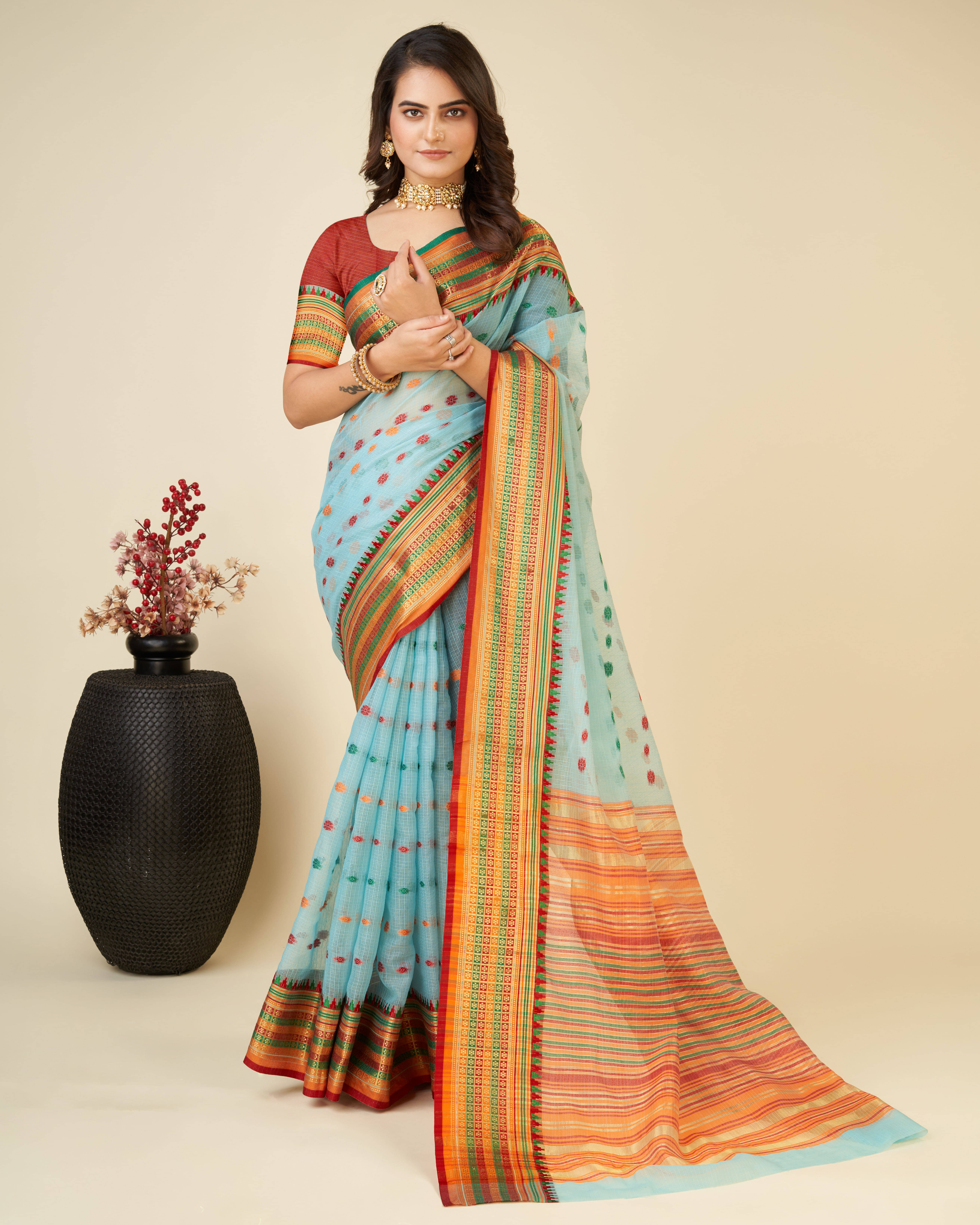     			Varni Fabrics Silk Woven Kota Doria Saree With Unstitched Blouse Piece ( Light Blue )