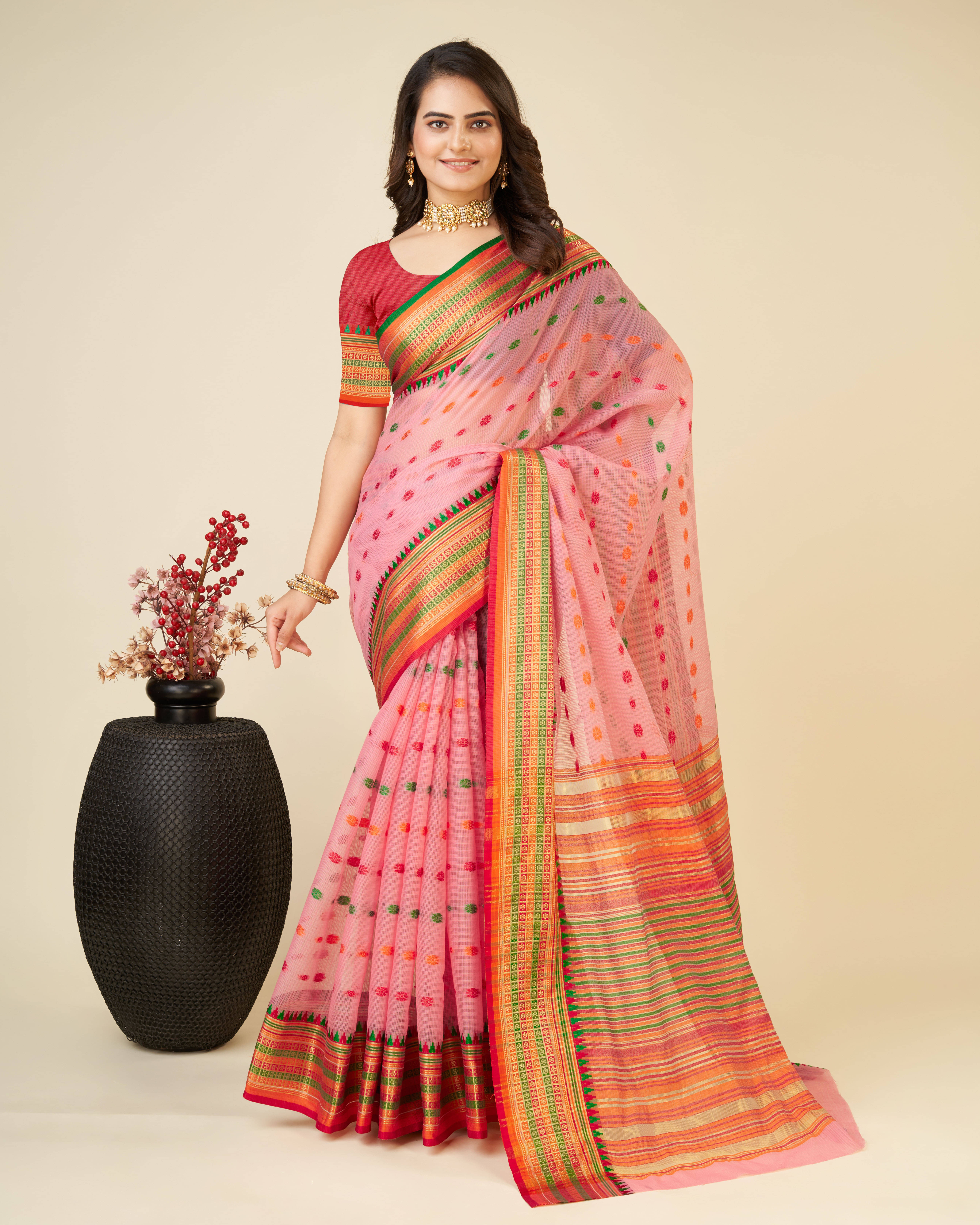 Varni Fabrics Silk Woven Kota Doria Saree With Unstitched Blouse Piece ( Pink )     			Varni Fabrics Silk Woven Kota Doria Saree With Unstitched Blouse Piece ( Pink )