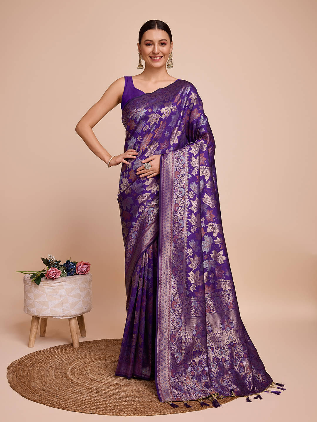 Varni Fabrics Silk blend Solid Banarasi saree With Unstitched Blouse Piece ( Purple ) Varni Fabrics Silk blend Solid Banarasi saree With Unstitched Blouse Piece ( Purple )