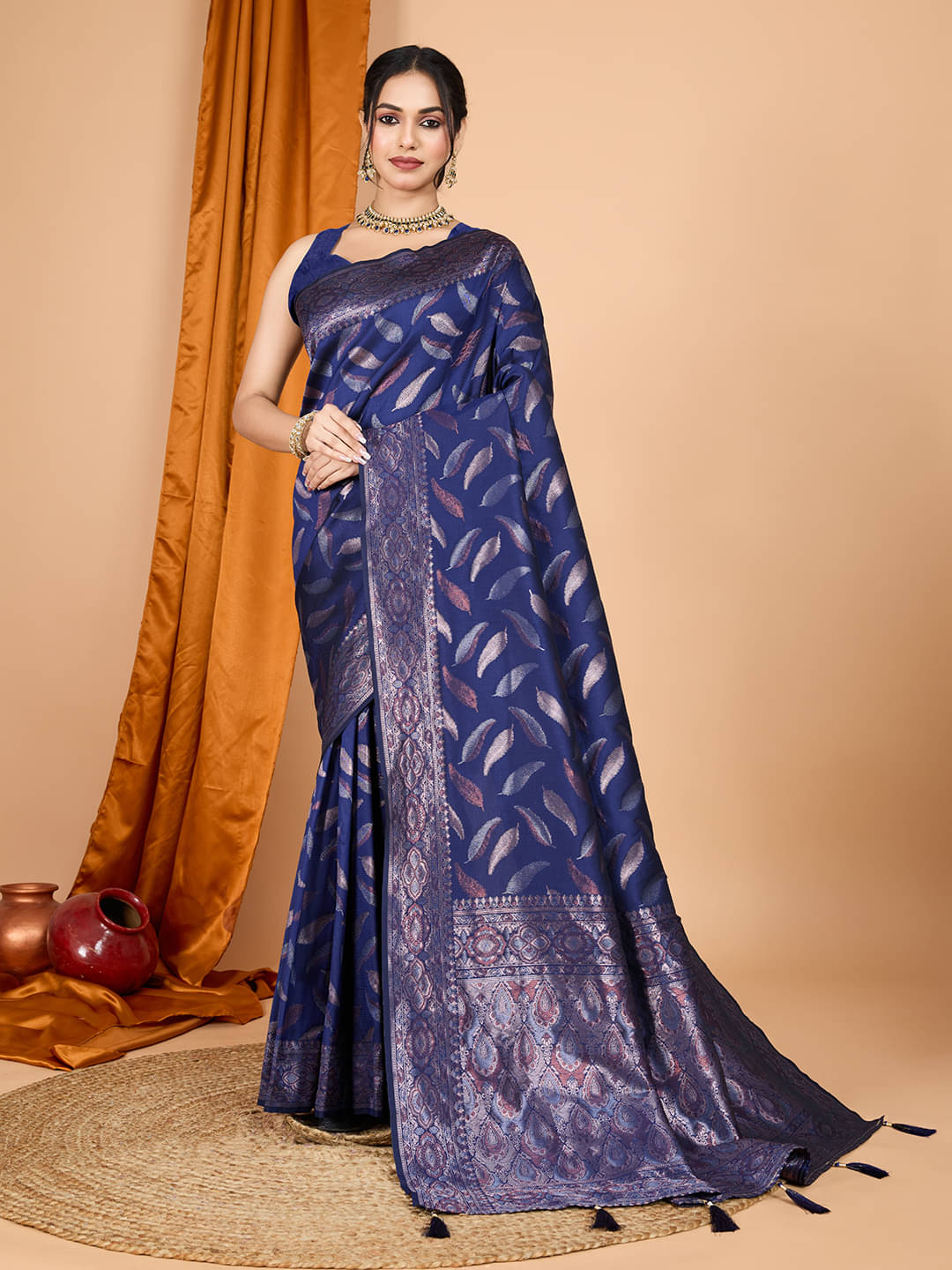 Varni Fabrics Silk blend Woven Banarasi saree With Unstitched Blouse Piece ( Navy Blue ) Varni Fabrics Silk blend Woven Banarasi saree With Unstitched Blouse Piece ( Navy Blue )