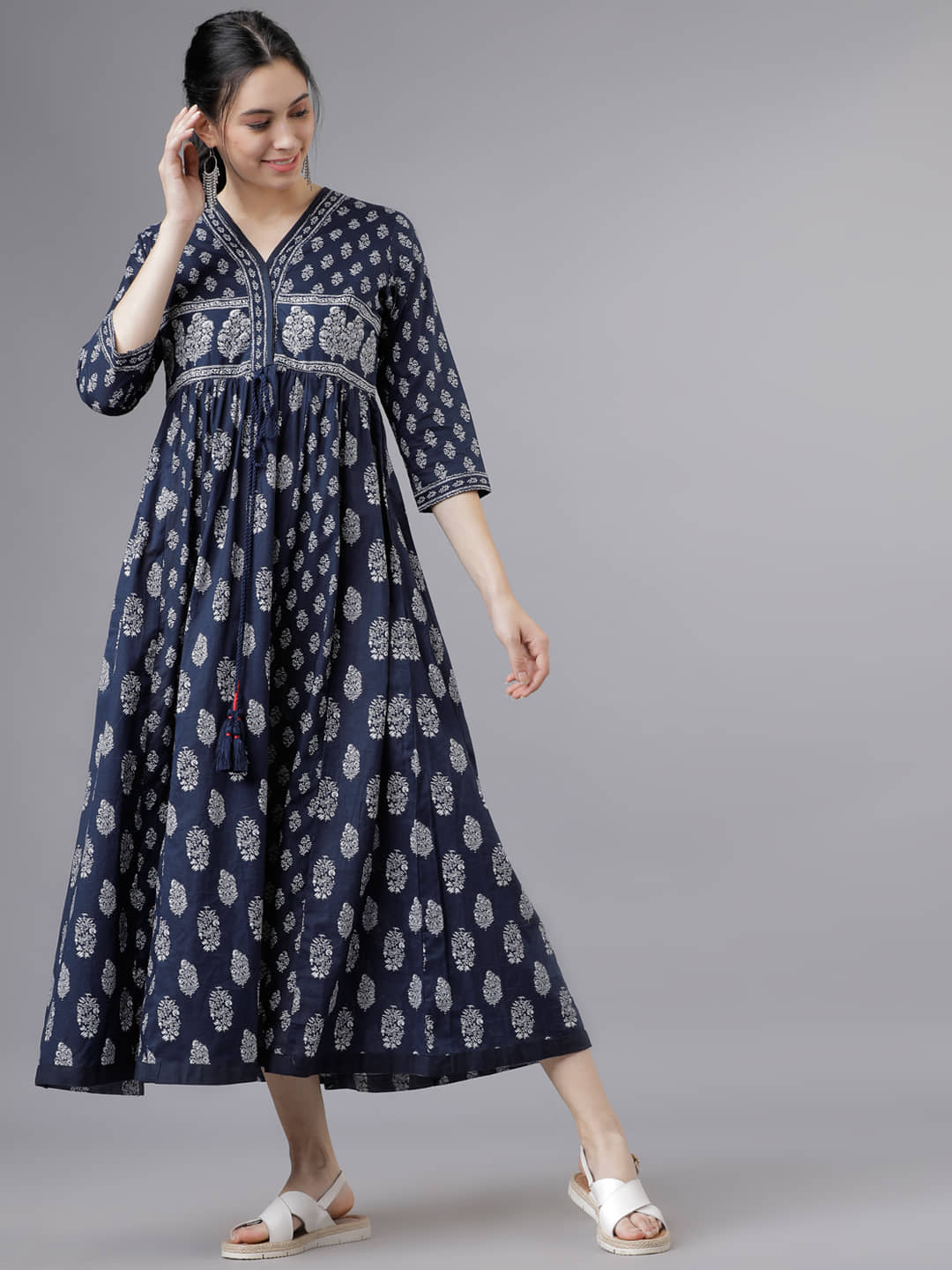 Vishudh Women Cotton Printed Empire Dress ( Blue )