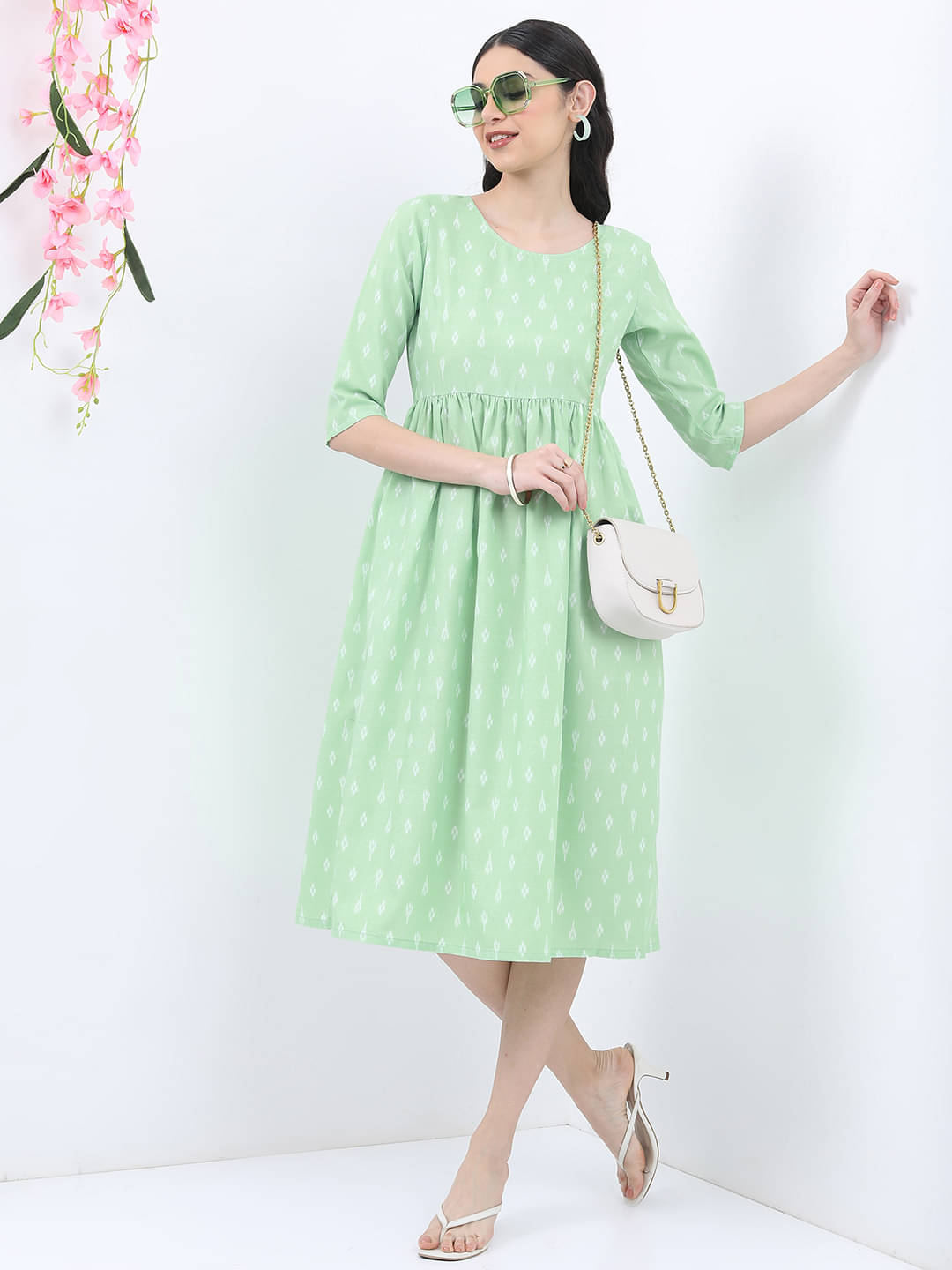     			Vishudh Women Polyester Printed A-line Dress ( Green )