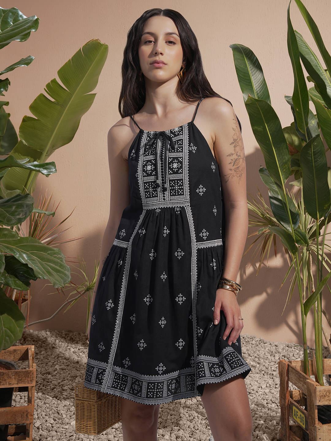 Vishudh Women Viscose Rayon Printed A-line Dress ( Black )     			Vishudh Women Viscose Rayon Printed A-line Dress ( Black )