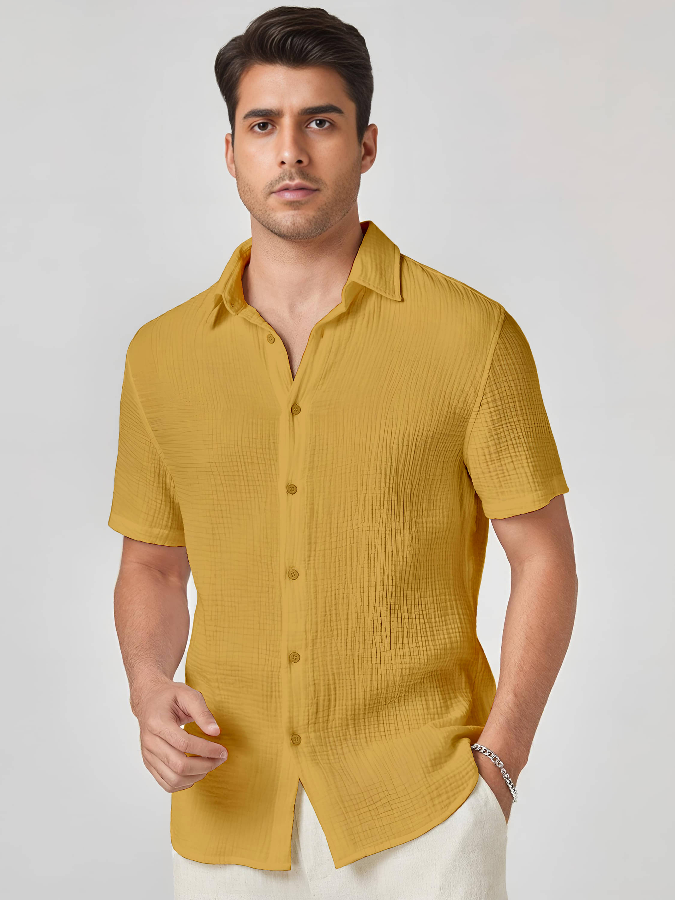 WEBRIC Cotton Blend Regular Fit Solids Half Sleeves Men's Casual Shirt - Mustard ( Pack of 1 ) WEBRIC Cotton Blend Regular Fit Solids Half Sleeves Men's Casual Shirt - Mustard ( Pack of 1 )